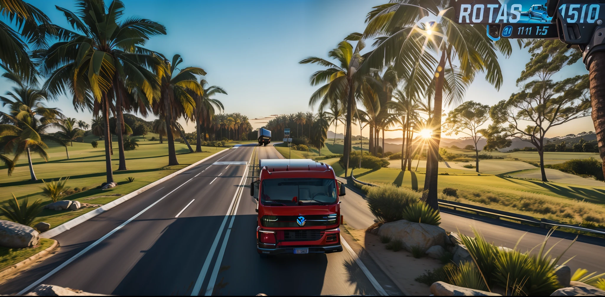 Volkswagen Delivery 8-150 red truck, vidro amarelo, refletindo, dirigindo por uma estrada com palmeiras ao fundo, Foto realista, Foto RAW, Truck driving volkswagen delivers 8-150 VW, Foto RAW, amazing graphics, Cena ultra realista 8K, Liz Cinematografia, Ultra Detalhado, Foto frontal, eye - level view, Estrada para o Mar, Camera capture, Foto RAW, vista para a rua, stunning graphics, ultra-realistic graphics, driving, Advanced Highway, eye level view, cena detalhada. Volkswagen Delivery truck 8-150