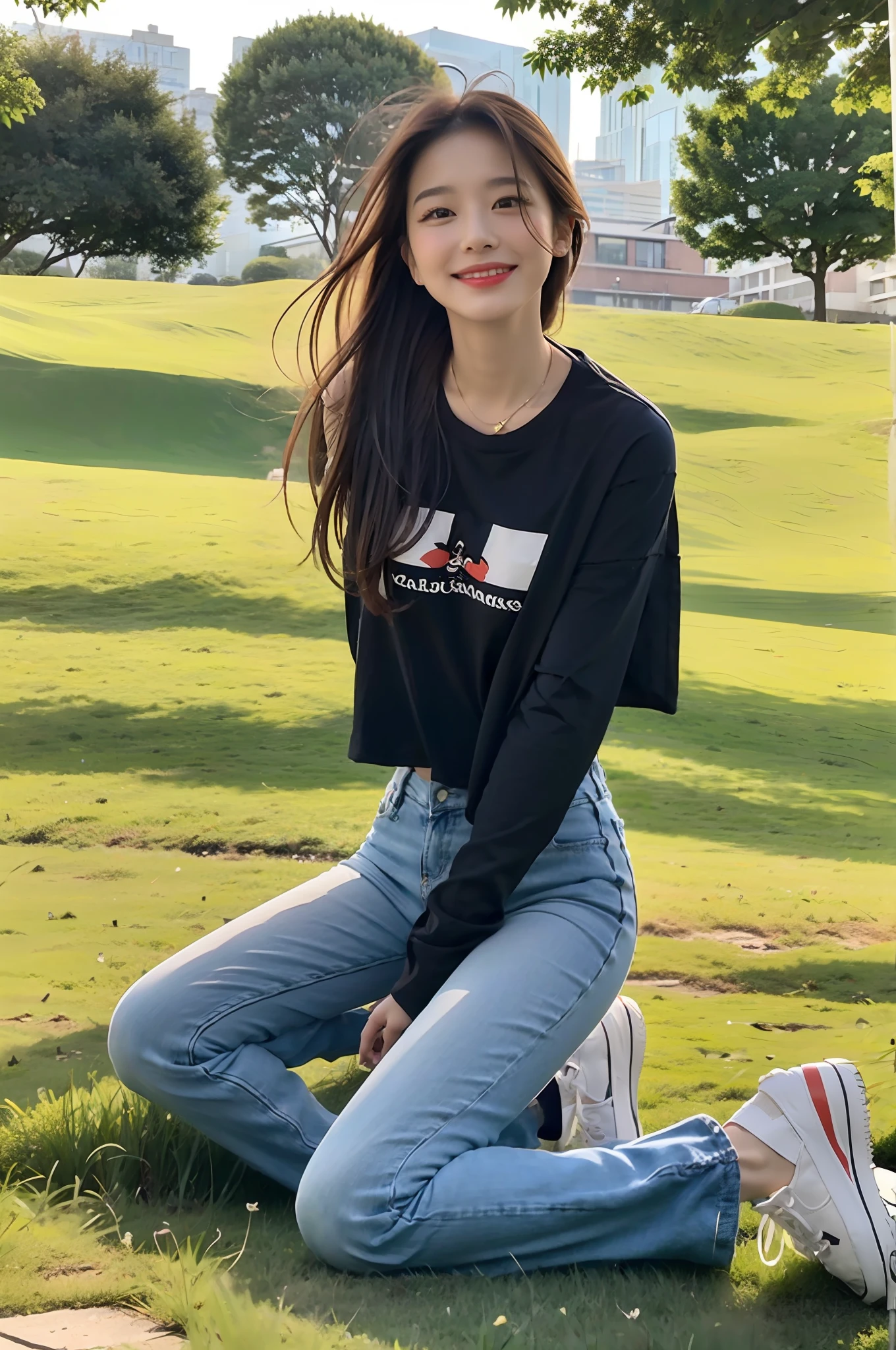 (RAW photogr,超高分辨率,tmasterpiece,best qualtiy:1.4),Complicated details,20 years old Korean girl,Wear a loose black T-shirt and skinny jeans,Stand on the grass and take pictures,Detailed meadow,A sweet smile on a small face,The face and skin are fair and shiny,Ultra-realistic facial details,Playful and coquettish pose,The calves are straight and slender:1.5,Wear high-end branded colorful travel shoes:1.5,eventide,warm color,Broad lighting,naturalshadow,taking a full body photo:1.8