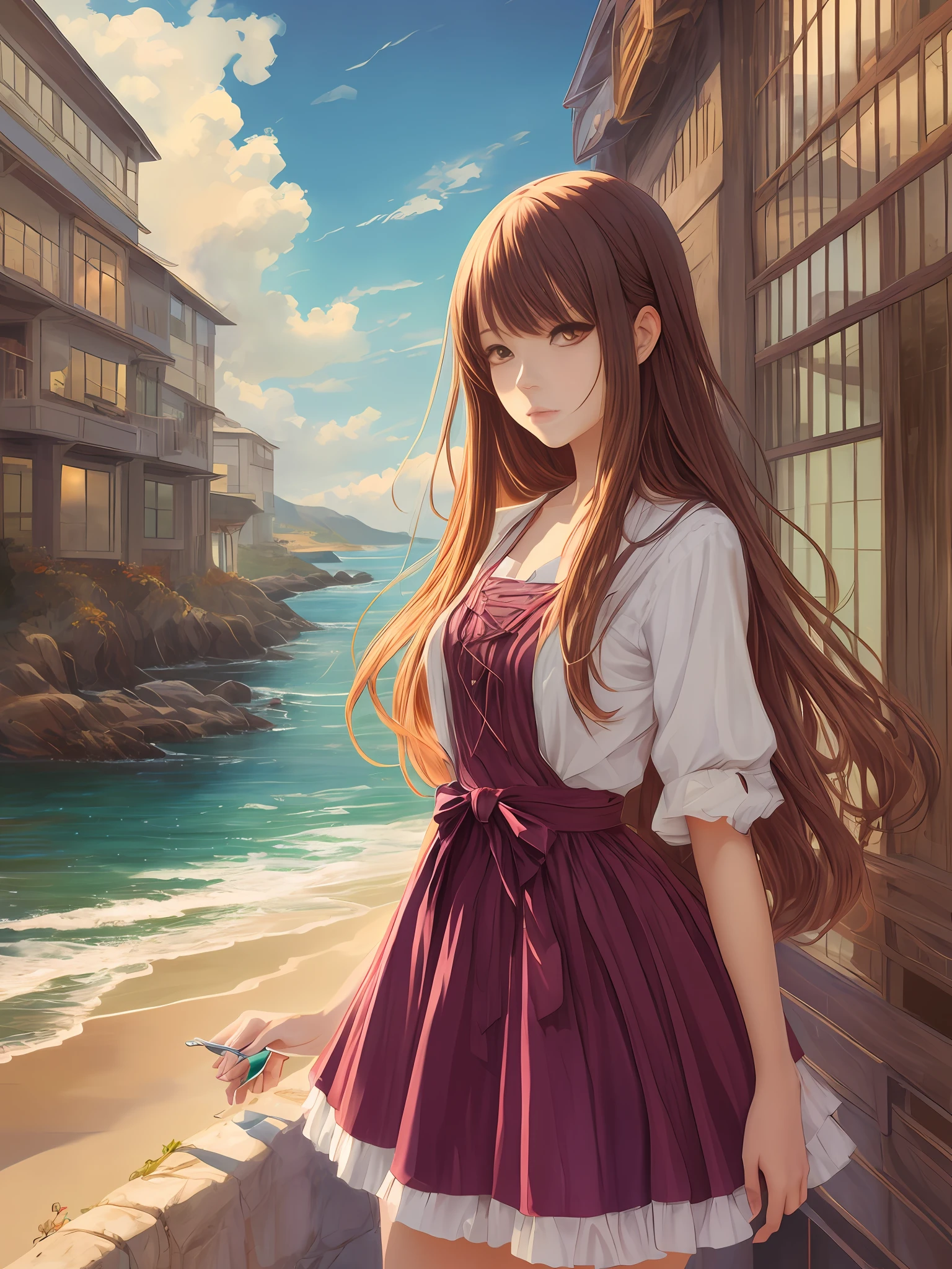 anime girl standing with long hair, plein air painting, candy colors, magic realism, epoxy, yoshitaka amano, Clip Studio Paint EX, charlie bowater, girl next door outfit, coastal interior design, tadao ando --auto --s2