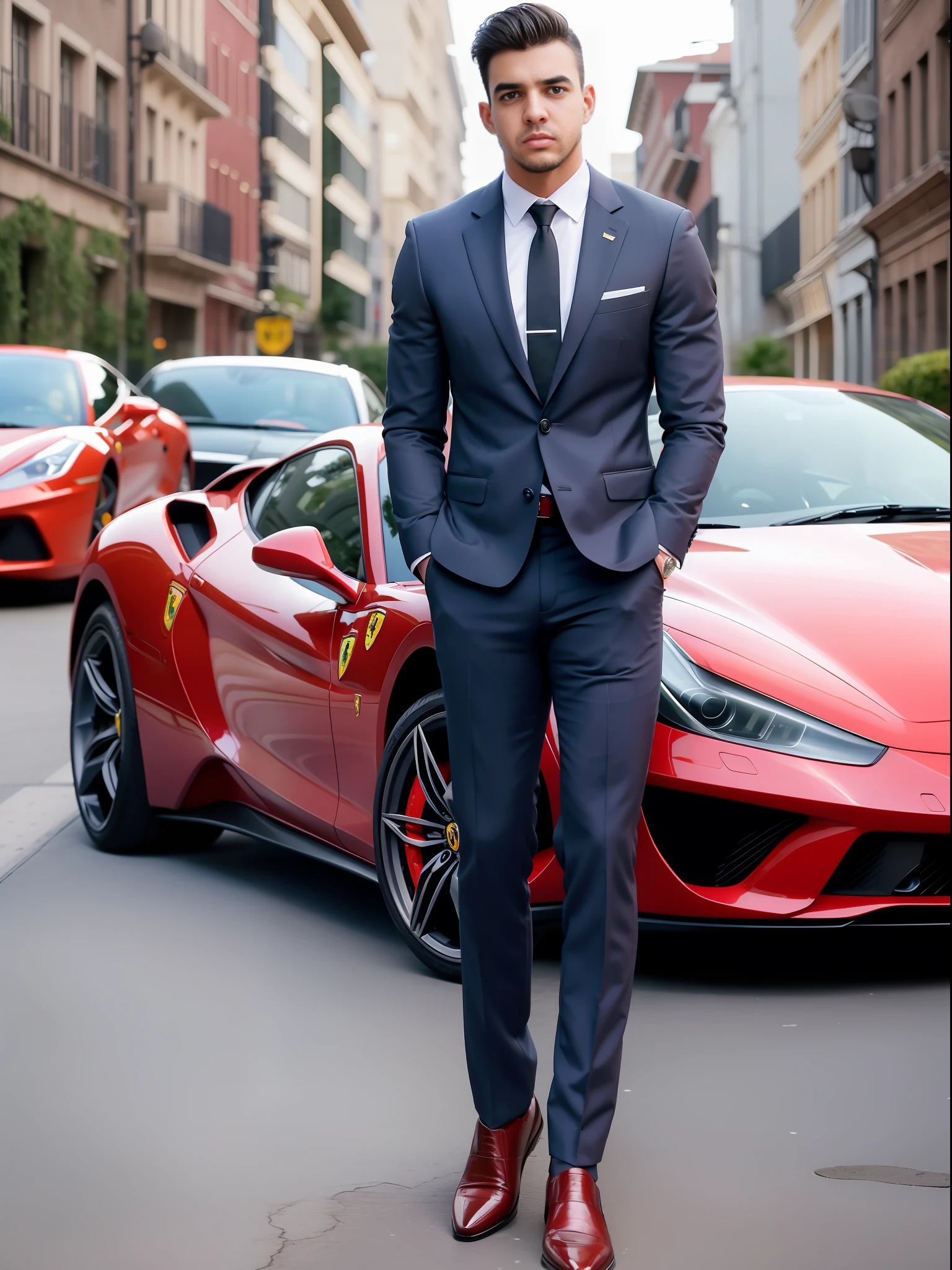 Brazilian man, 1.78m tall, fit body, dressed in a suit and tie, ultra realistic, next to a car a red ferrari in 8k