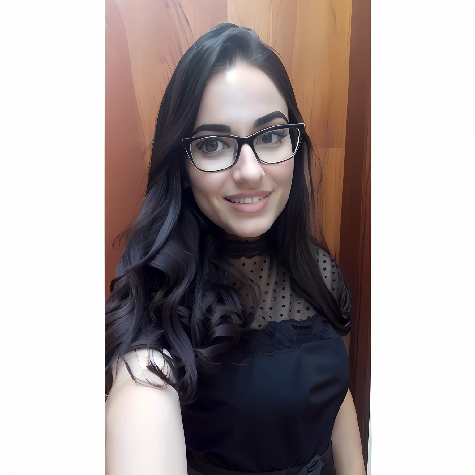 Woman wearing glasses and a black dress posing for a photo, wavy long black hair and glasses, ((Melhor qualidade, 8k, Masterpiece :1.3)), 1girl, Mulher bonita, Rosto ultra-detalhado, Olhos detalhados