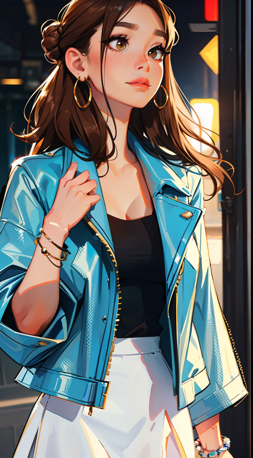 The environment is blurry and elegant, Model, High contrast required, jewels, earings, Upskirt, Shirt, jacket, brown hair, white shirt, A bracelet, hair bun, single hair bun, long skirt, closed mouth, Hoop earrings, blue jacket, sleeves rolled up, Revealing clothes, makeup, white skirt