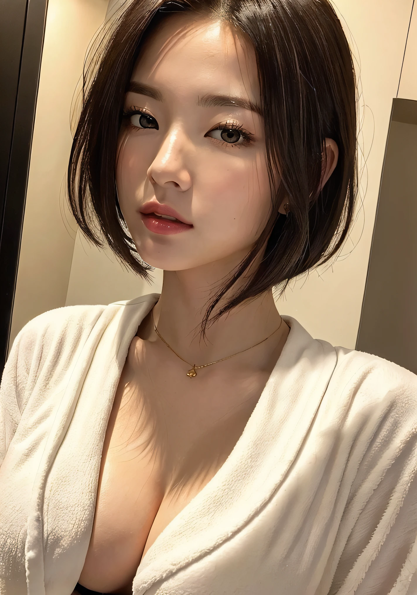 (​masterpiece:1.3), (8K, Photorealsitic, Raw photography, Top image quality: 1.4),Face Close-up、portraitures、 japanes, (1girl in),Prostitutes、 beauitful face, (Lifelike face), (A dark-haired, short-hair:1.3), Beautiful hairstyle, Realistic eyes, Beautiful eyes,a closed mouth、 (real looking skin), Beautiful skin, enticing, 超A high resolution, A hyper-realistic, high-detail, the golden ratio, Detal Face,see the beholder,Continuing- ,cleavage of the breast、(Bathrobe only),Colossal tits ,At the hotel、