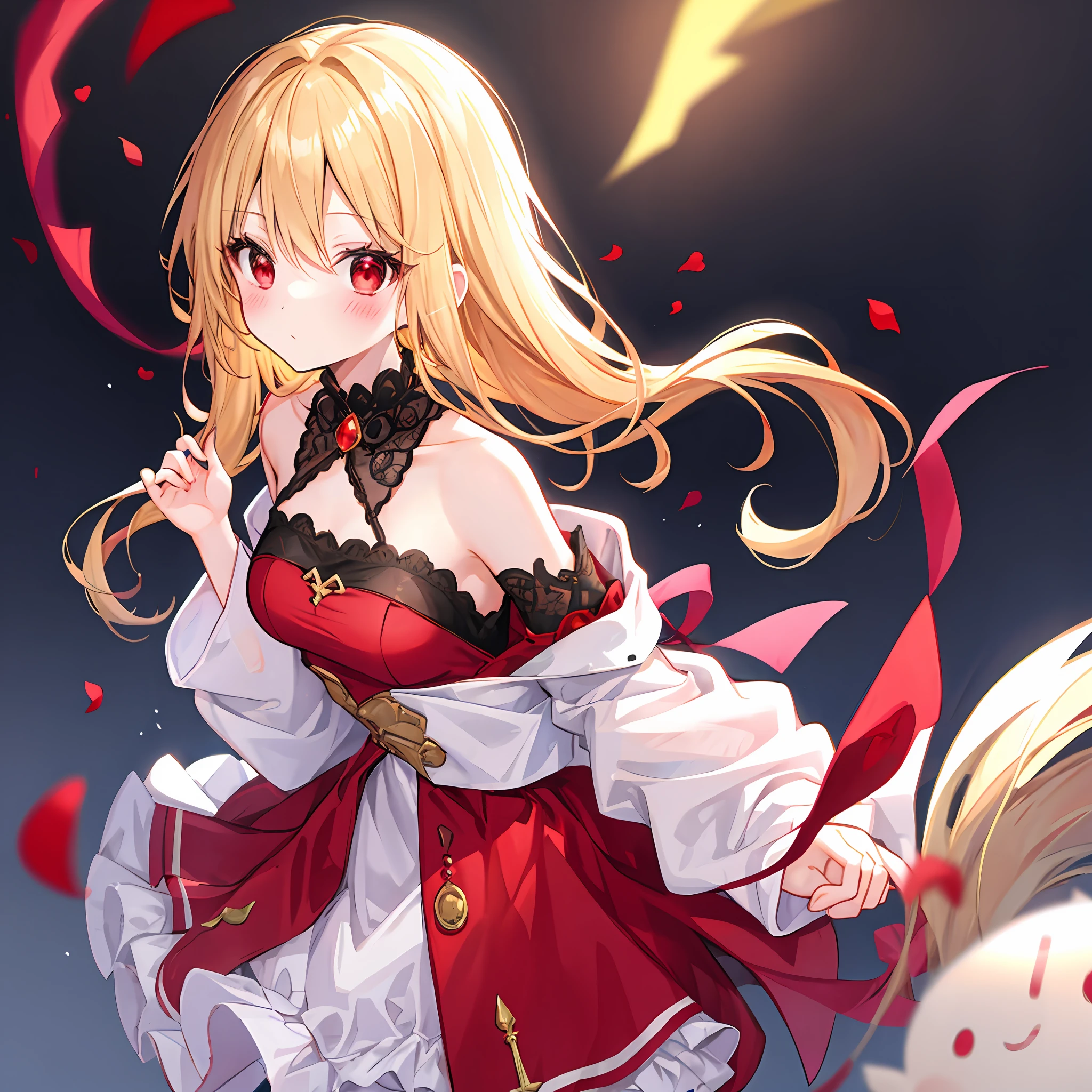 red blush、Wavy blonde hair、red eyes、Beautiful girl alone、animesque、独奏、Fluffy clothes、off shoulders