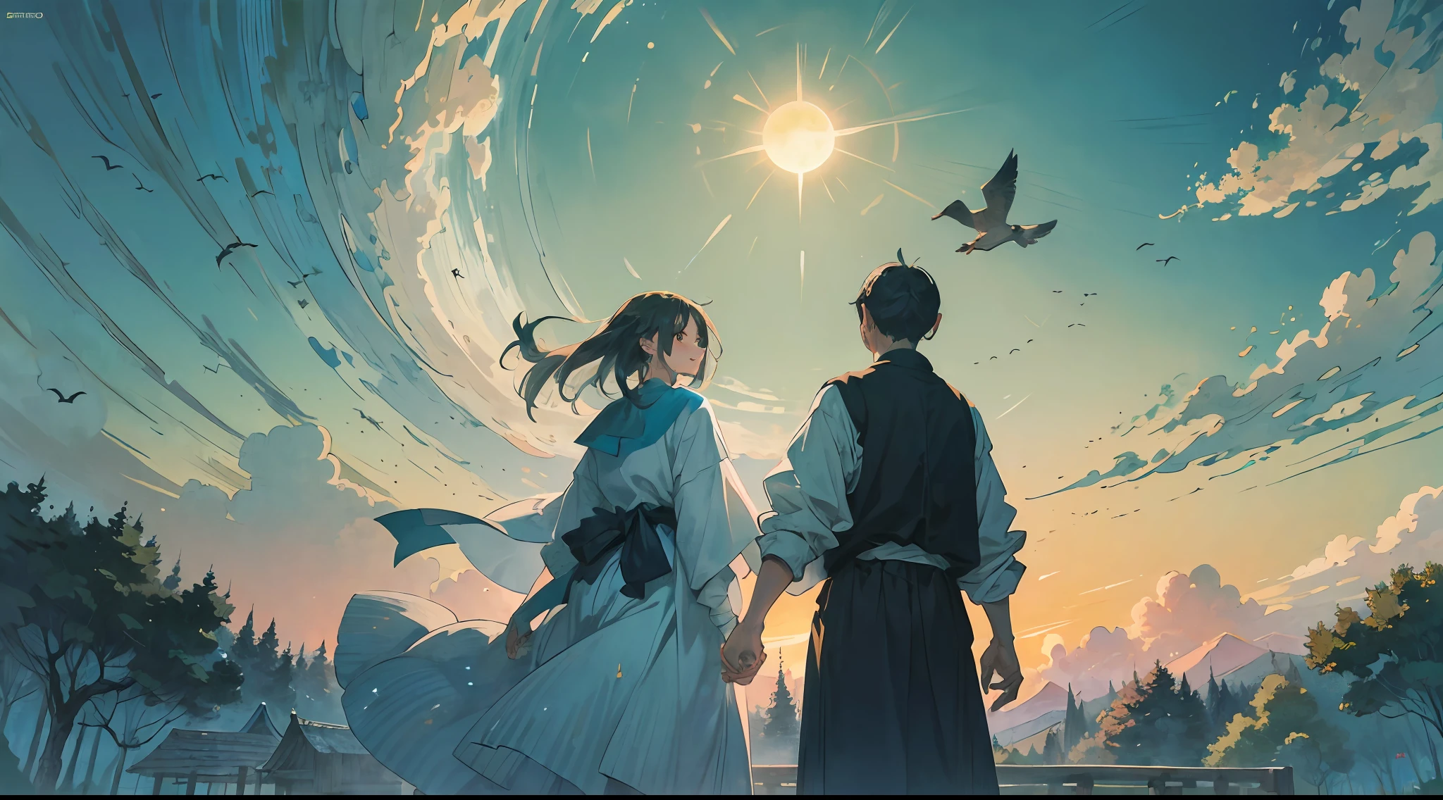 (obra-prima:1.3), melhor qualidade, arte oficial, 1girl, 1boy, (fofo:1.3), sentado em um banco de parque, (detailed holding hands), sorrindo, corando, (brilhante), (:D:0.6), luz do sol , nuvens cumulonimbus, birds --auto