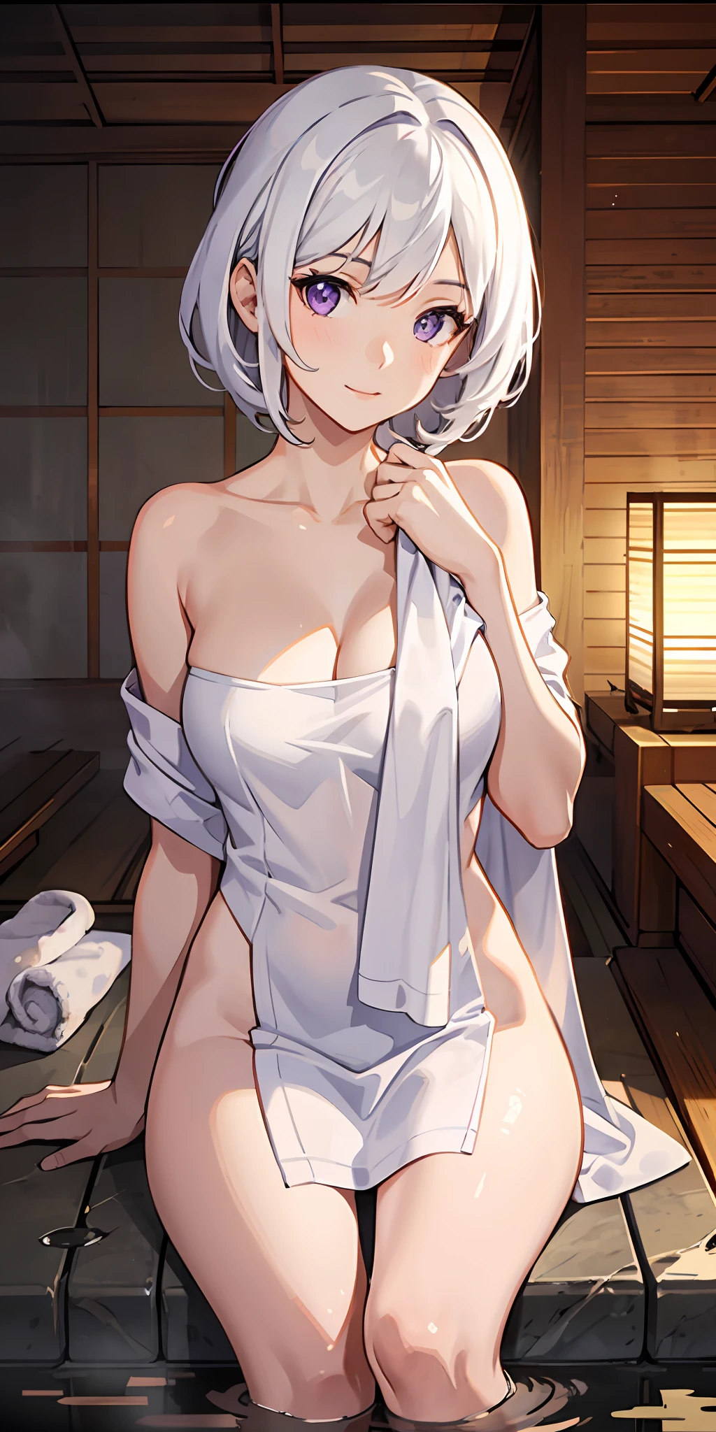 1girl, white hair, purple eyes, portrait, realistic, towel, (onsen), sidelighting, wallpaper, nsfw,
