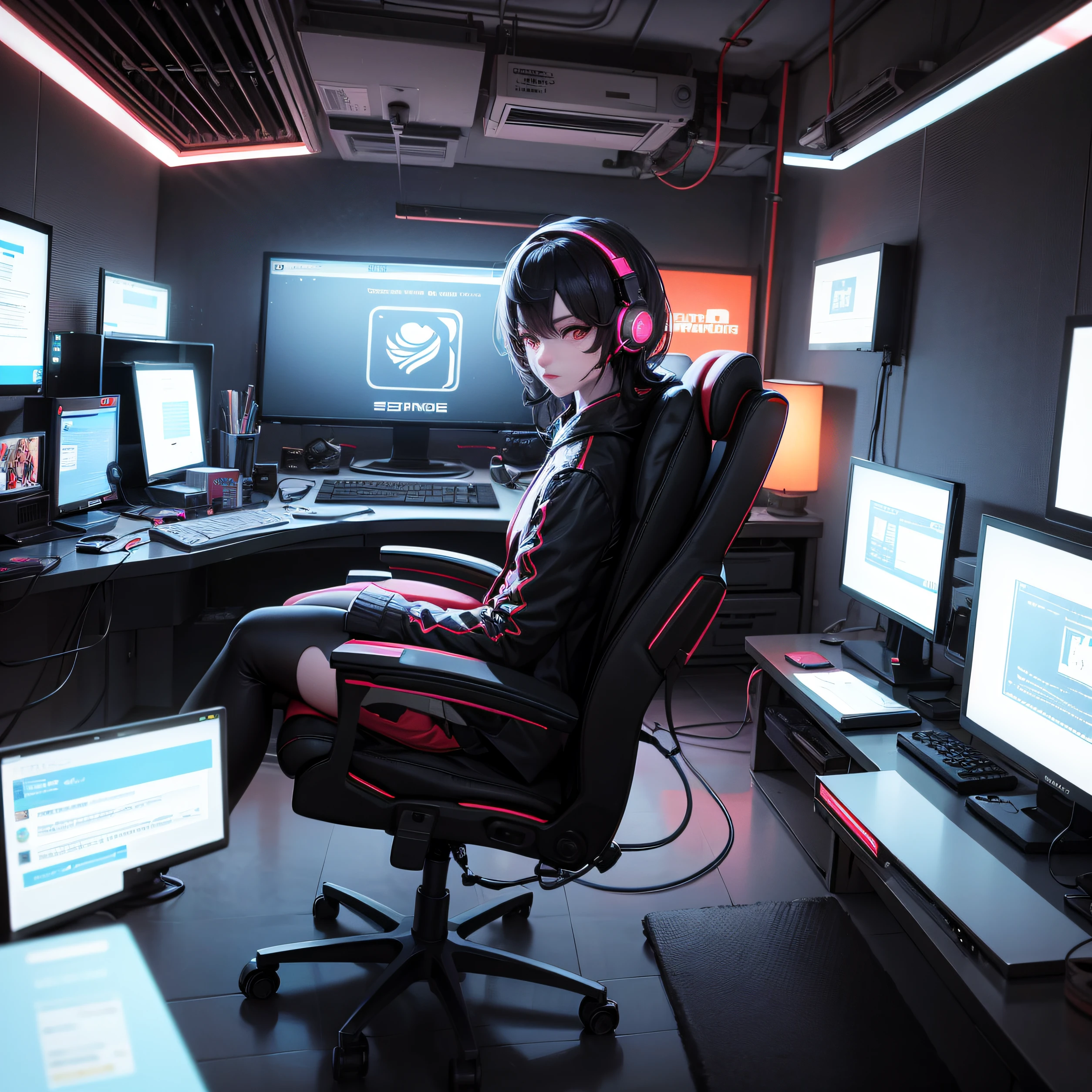 um quarto gamer com leds coloridos, computador gamer realista, estante com livros, estilo anime 8K, arte digital do anime cyberpunk, cyberpunk setting, cyberpunk digital - arte rrealista cyberpunk, Estilo e-sport, badass 8 k, arte cyberpunk, Cybernetic style, melhor qualidade, muito detalhado