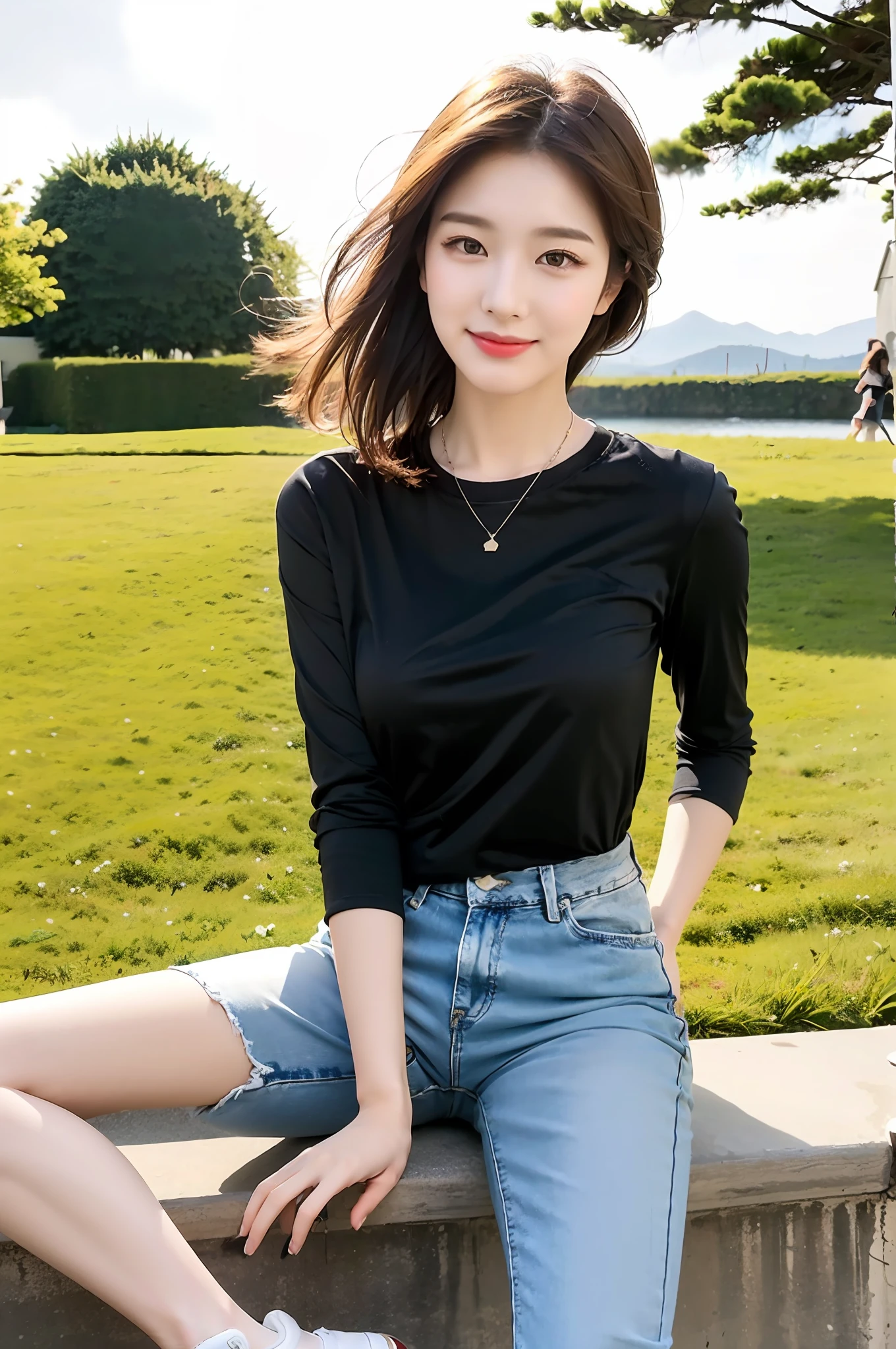 （best qualtiy：1.4），Complicated details，20 years old Korean girl，Wear a loose black T-shirt and skinny jeans，Stand on the grass and take pictures，Detailed meadow，A sweet smile on a small face，Ultra-realistic facial details，Playful and coquettish pose，The calves are straight and slender:1.2，Wear high-end branded colored canvas shoes:1.0，eventide：0.3，Broad lighting，naturalshadow：1.0，fully body photo:1.8