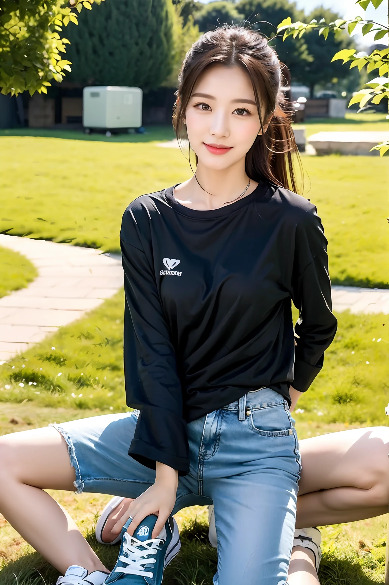 (best qualtiy:1.4),Complicated details,20 years old Korean girl,Wear a loose black T-shirt and skinny jeans,Stand on the grass and take pictures,Detailed meadow,A sweet smile on a small face,Ultra-realistic facial details,Playful and coquettish pose,The calves are straight and slender:1.2,Wear high-end branded colored canvas shoes:1.0,eventide:0.3,Broad lighting,naturalshadow:1.0,fully body photo:1.8