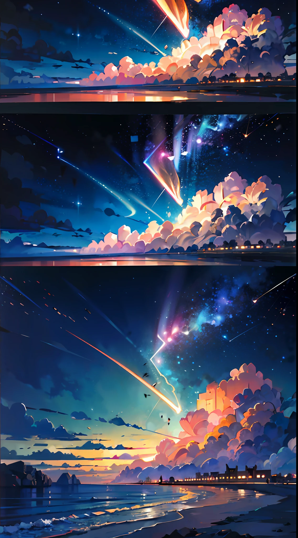 (zoomed:1.1),(Meteor swarm:1.2),(comets:1.1),low angles,Alora,shooting stars,top-quality,masterpiece,clouds,colourfull,Beaches in Southeast Asia,夏天,seaview,Small island々。