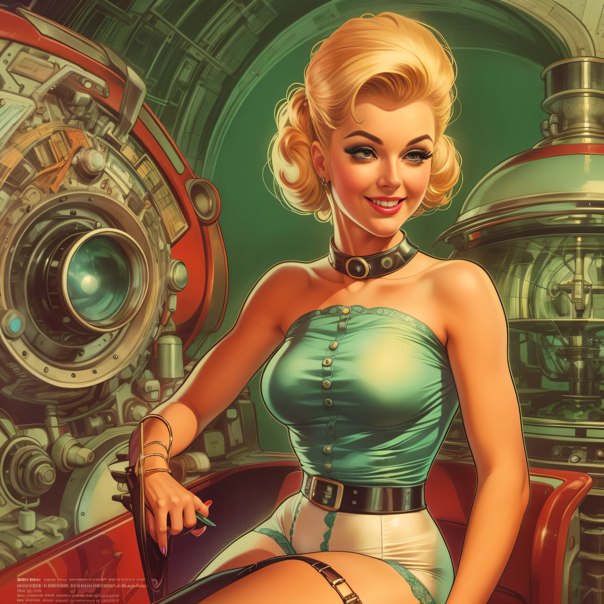Retro SciFi Art, vintage, capa de revista, Scifi, 1 pinup menina, BEAUTIFUL FACE, BIG EYELASHES, OLHOS PERFEITOS, OLHOS DETALHADOS LOOKING TO OBSERVER, PRETTY SMILE, seios grandes, Minimum waist, anatomia perfeita, with latex clothes of random colors, ANATOMIA PERFEITA, pernas CRUZADAS, garter belts, stockings, high heels, cenario vintage