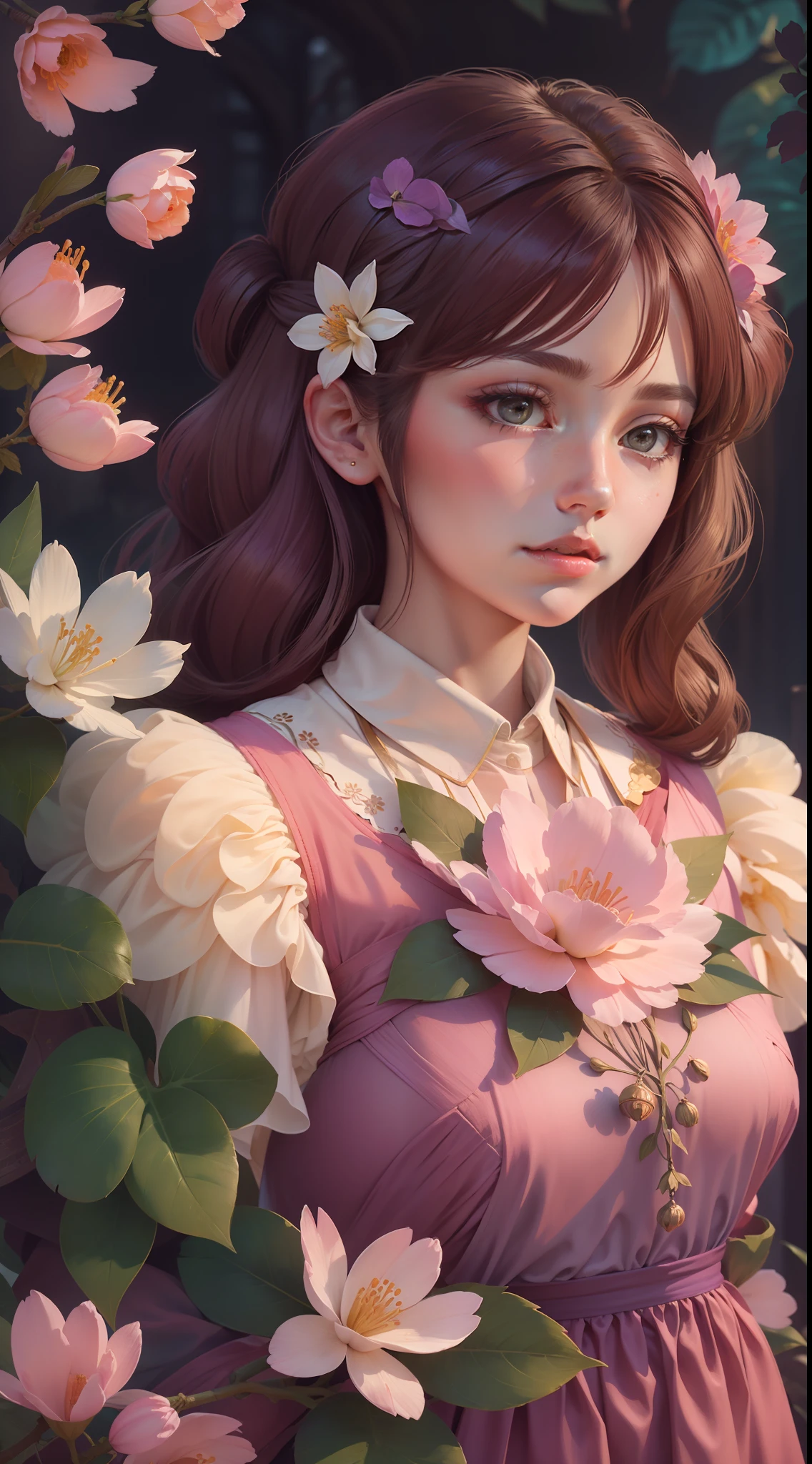 The highest quality, masterpiece, exquisite CG, white hair antique girl, delicate and complex hair accessories, wearing exquisite and gorgeous pink and purple costumes, highlight, withering peach blossom petals, absolutely beautiful, charming, perfect, ultra-clear, 16k, HD