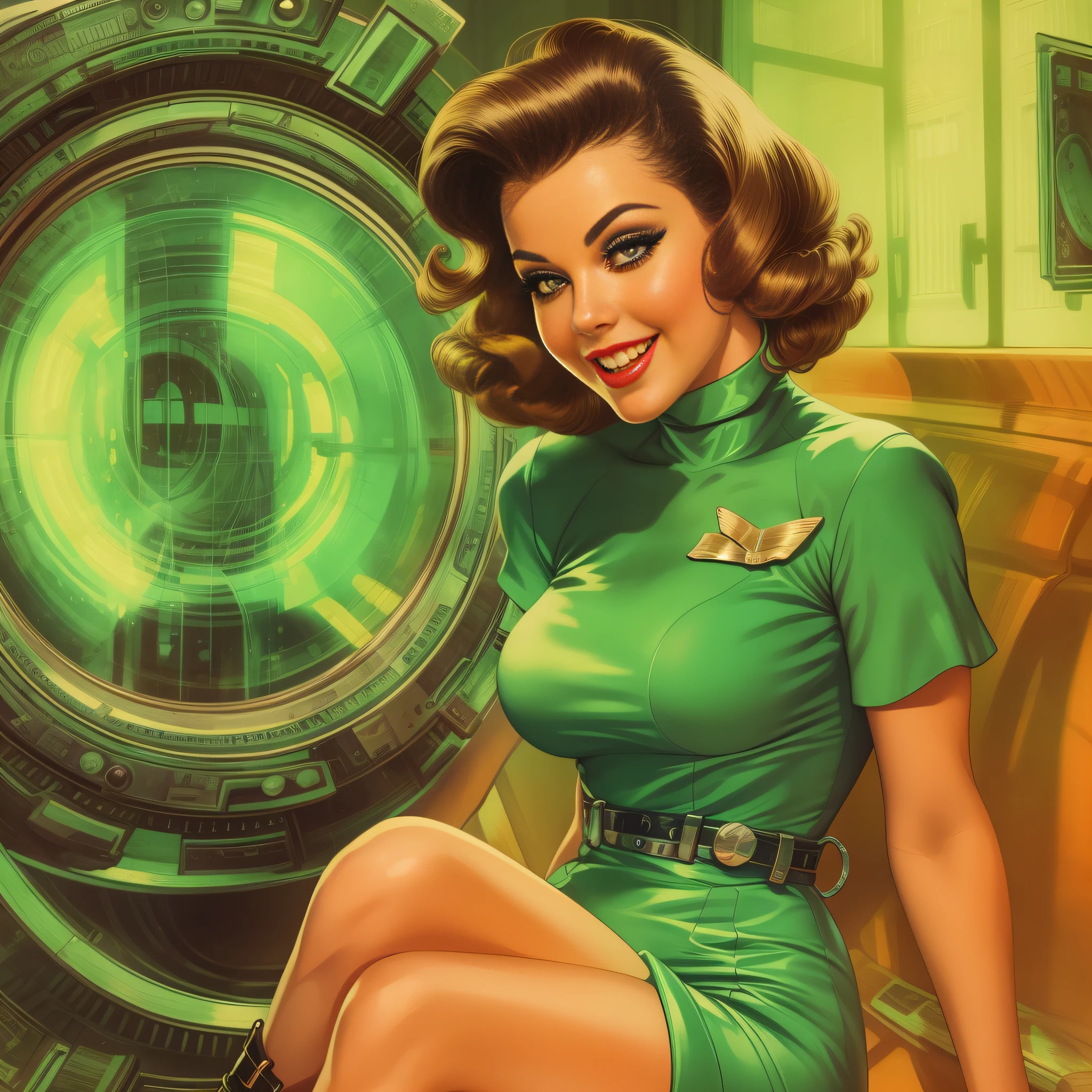 Retro SciFi Art, vintage, capa de revista, Scifi, 1 pinup menina, BEAUTIFUL FACE, BIG EYELASHES, OLHOS PERFEITOS, OLHOS DETALHADOS LOOKING TO OBSERVER, PRETTY SMILE, seios grandes, Minimum waist, anatomia perfeita, with latex clothes of random colors, ANATOMIA PERFEITA, pernas CRUZADAS, garter belts, stockings, high heels, cenario vintage