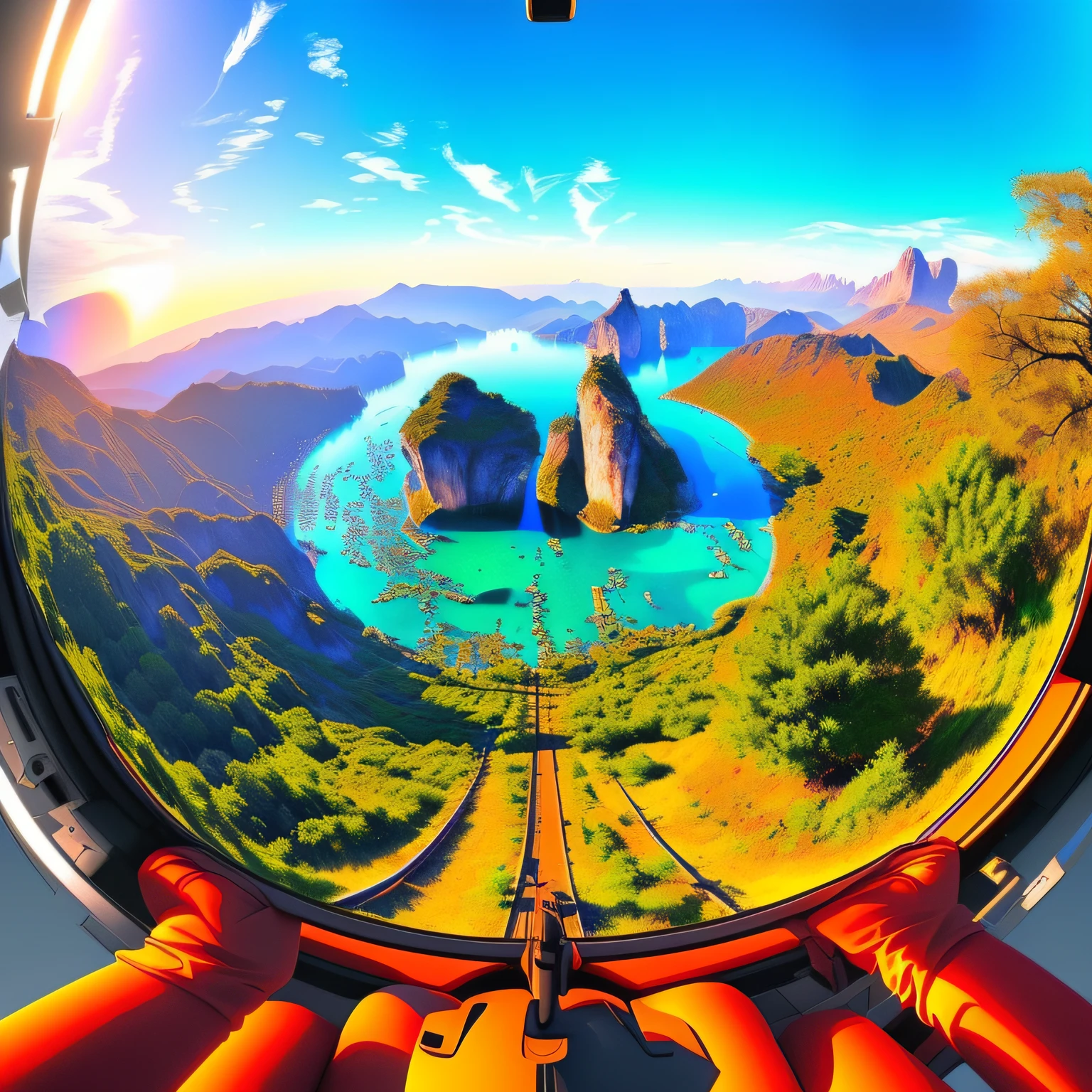 Draw a VR space of the future。Express a beautiful scene where reality and virtual reality intersect。