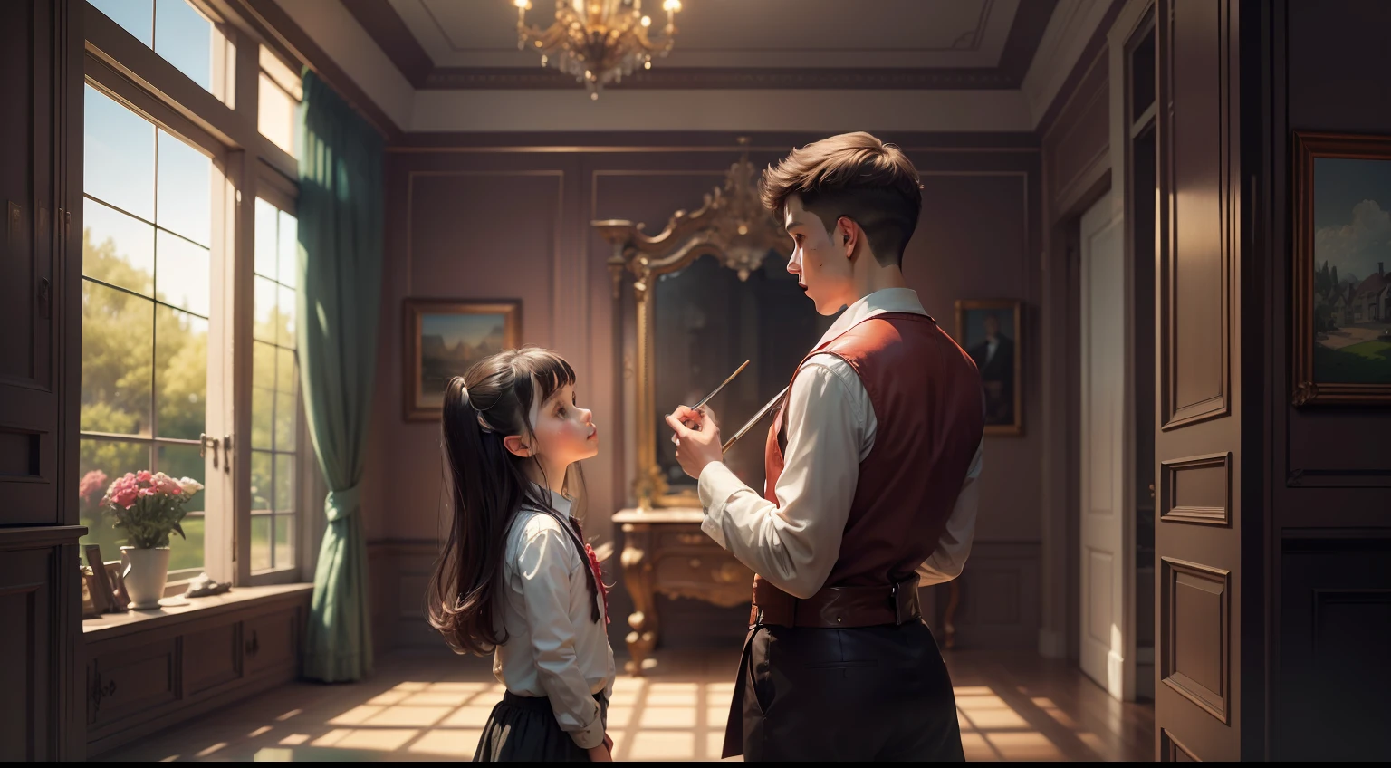 girl teacheching art to a boy inside a house is large modern, luxurious, and located in an exclusive area. It is owned by wealthy people and is a symbol of their social status and wealth.