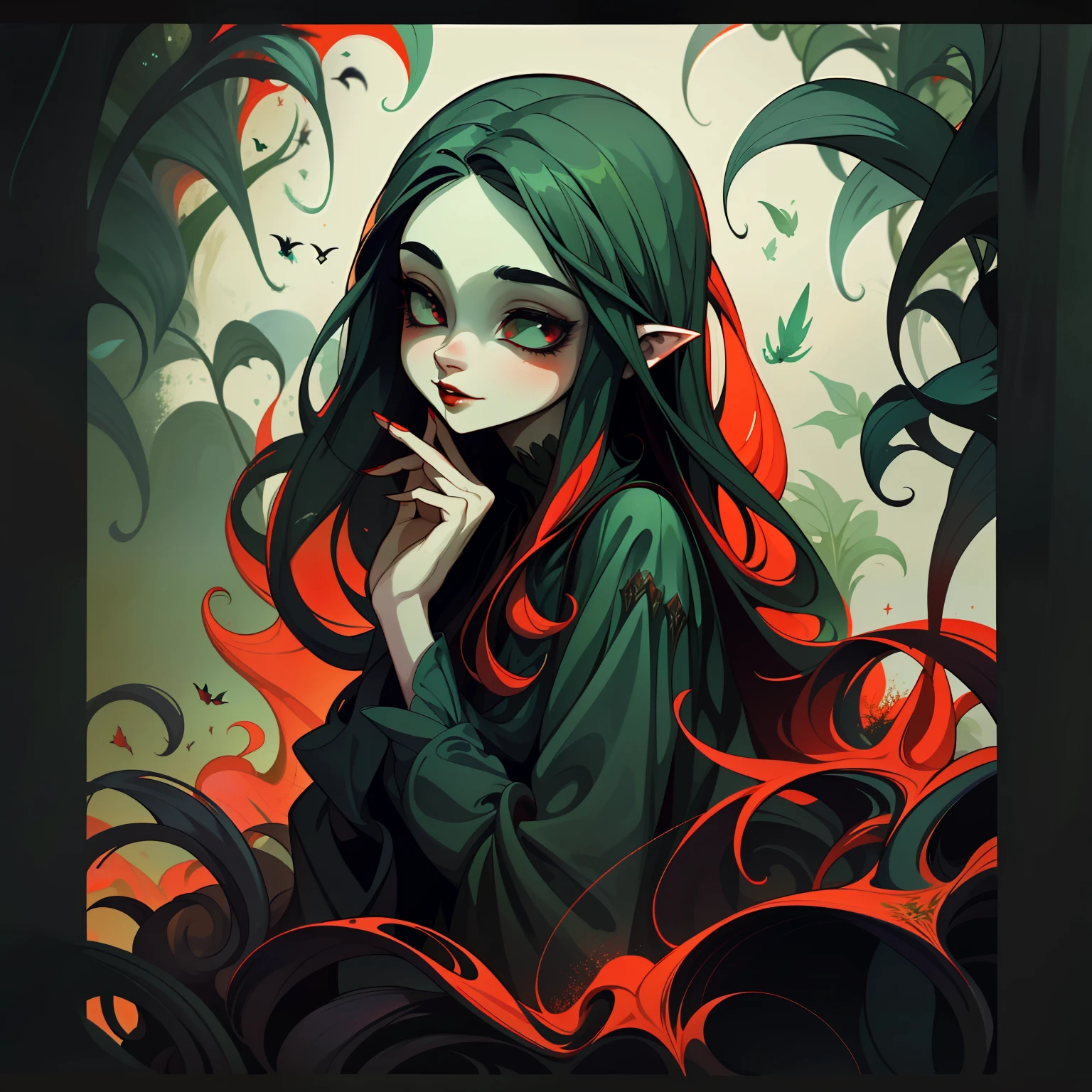 adesivo,1girl, fundo simples, retrato, girl with long hair, beautiful vampire, vampire aesthetic, beautiful girl, very beautiful fantasy art, beautiful and elegant female fairy, beautiful detailed fantasy, green and red color palate, green color-theme