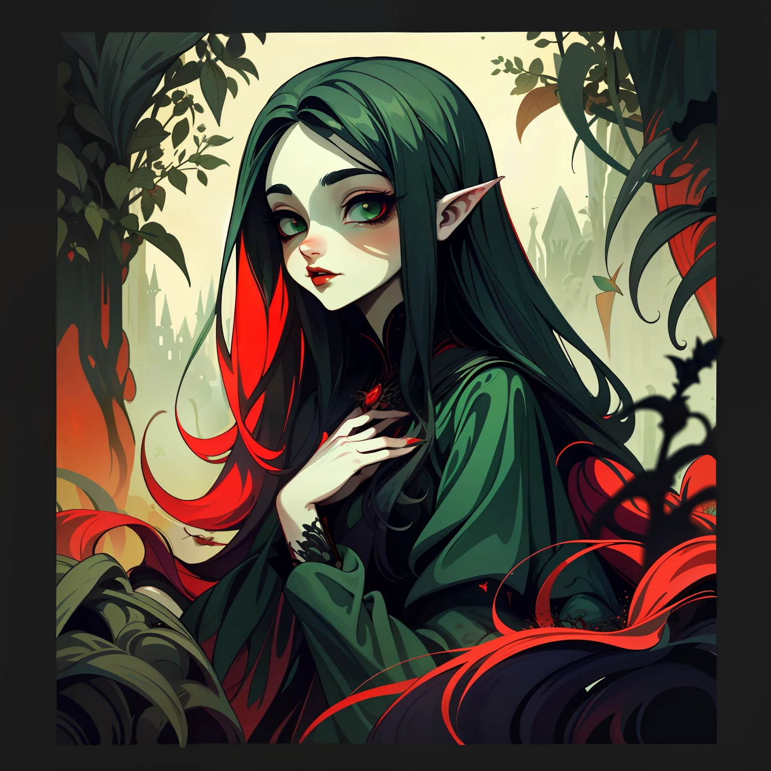 adesivo,1girl, fundo simples, retrato, girl with long hair, beautiful vampire, vampire aesthetic, beautiful girl, very beautiful fantasy art, beautiful and elegant female fairy, beautiful detailed fantasy, green and red color palate, green color-theme