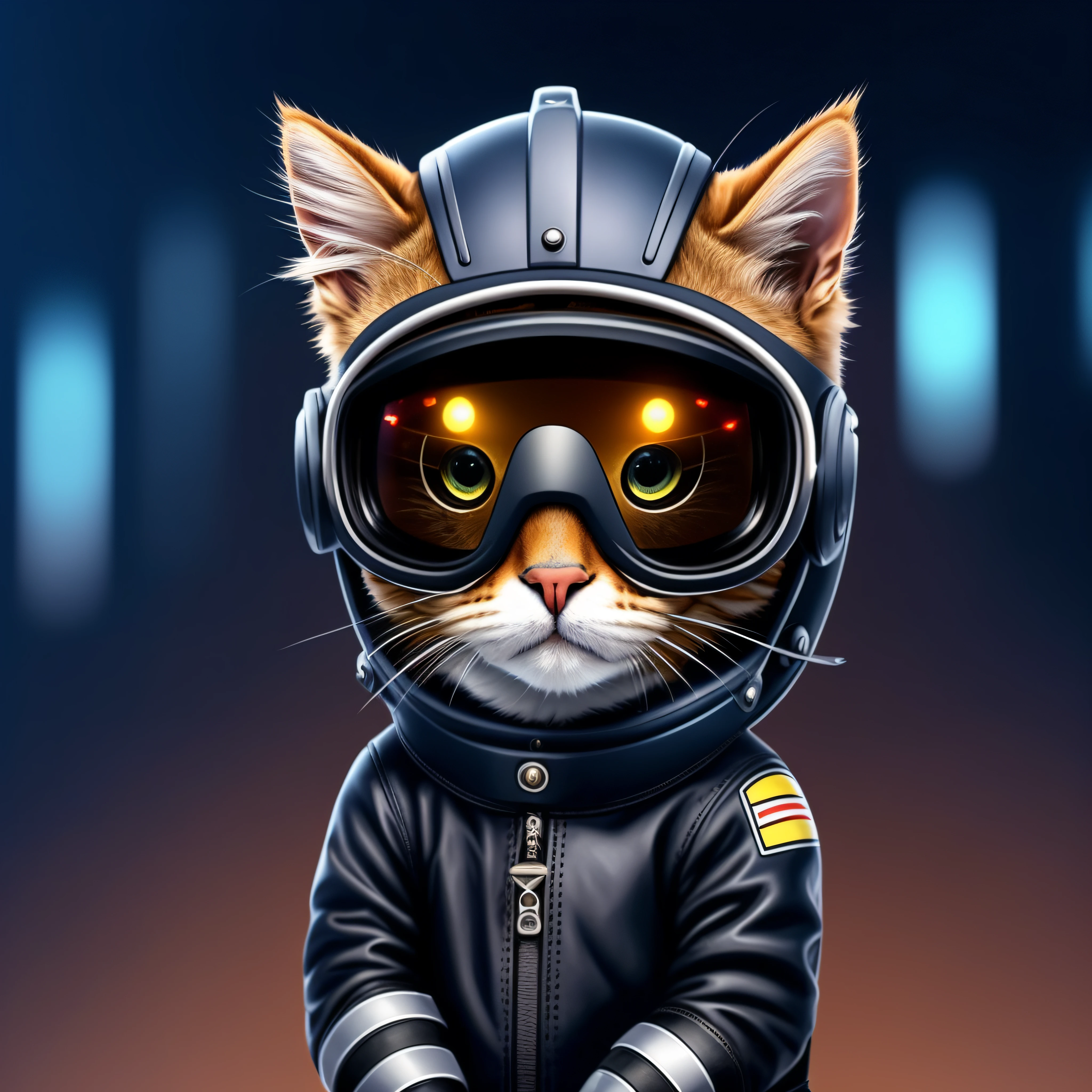 A closeup of a cat wearing a motorcycle helmet and goggles;, um gato usando um capacete cravado, painting digital adorable, gato cyberpunk, arte digital detalhada bonito, arte digital bonito, anthropomorphic cat, gatinho ciborgue, design do gato, papel de parede do telefone hd, awesome cat, motociclista, Guerreiro Gato, gato ciborgue, gato astronauta, arte fofa, retrato de alta qualidade