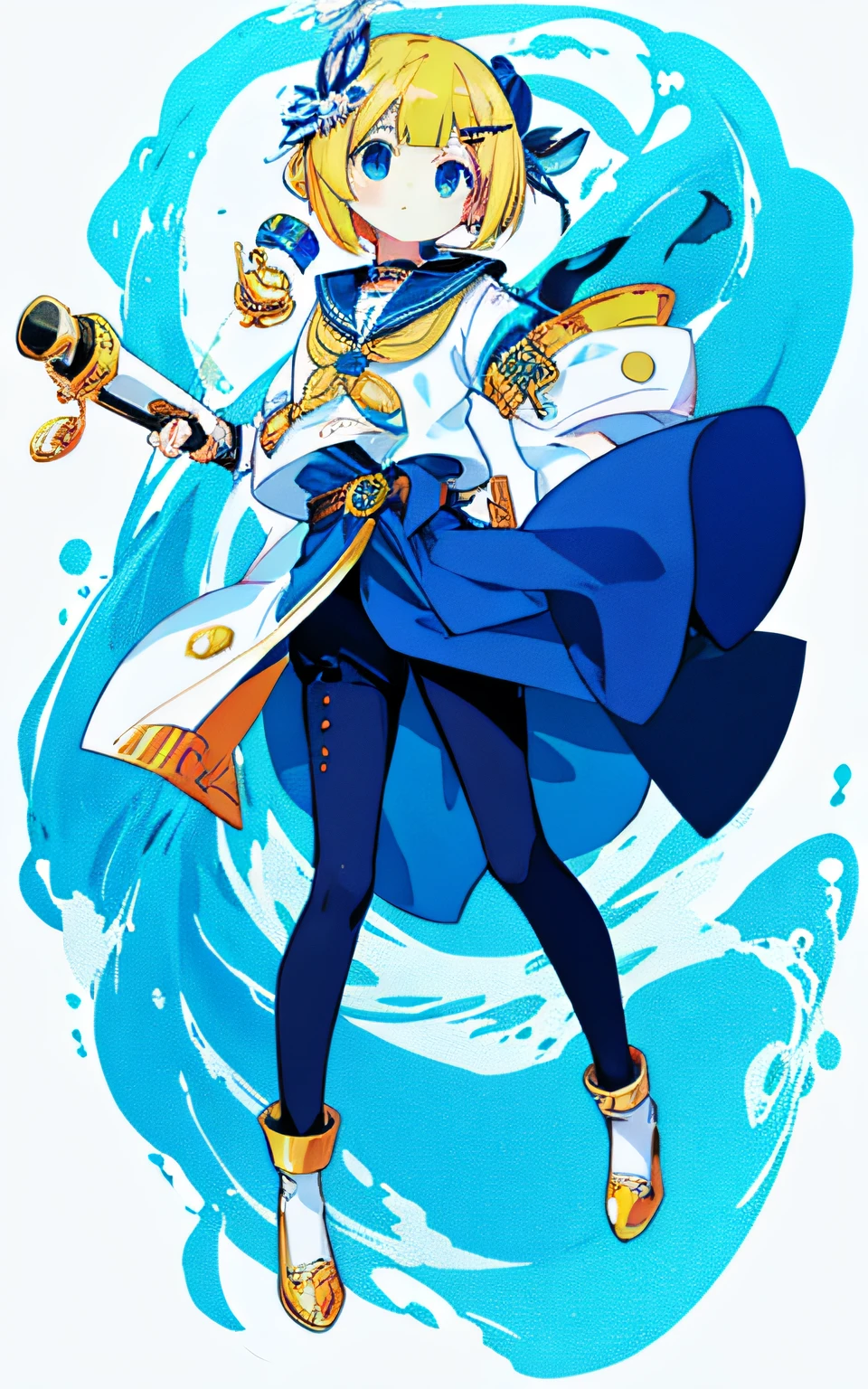 5Head and body、Top image quality、top-quality、超A high resolution、masterpiece、a beauty girl、Lori、A slender、 1girl in, ((blondehair)), (blue colored inner hair)、Okappa、Bangs、bobhair、pinned down、 Sailor suit with yellow sleeves and collar、White sailor suit、Moe Sleeve、sin pantalon、breeches、Long blue tights、Shoes without yellow laces、Metal belt、Pendants、Navy Medal、cigar、 Cylindrical metal object floating overhead、Telescope hair ornament、Torpedo accessories on the waist、On the waist7Accessories in the form of、