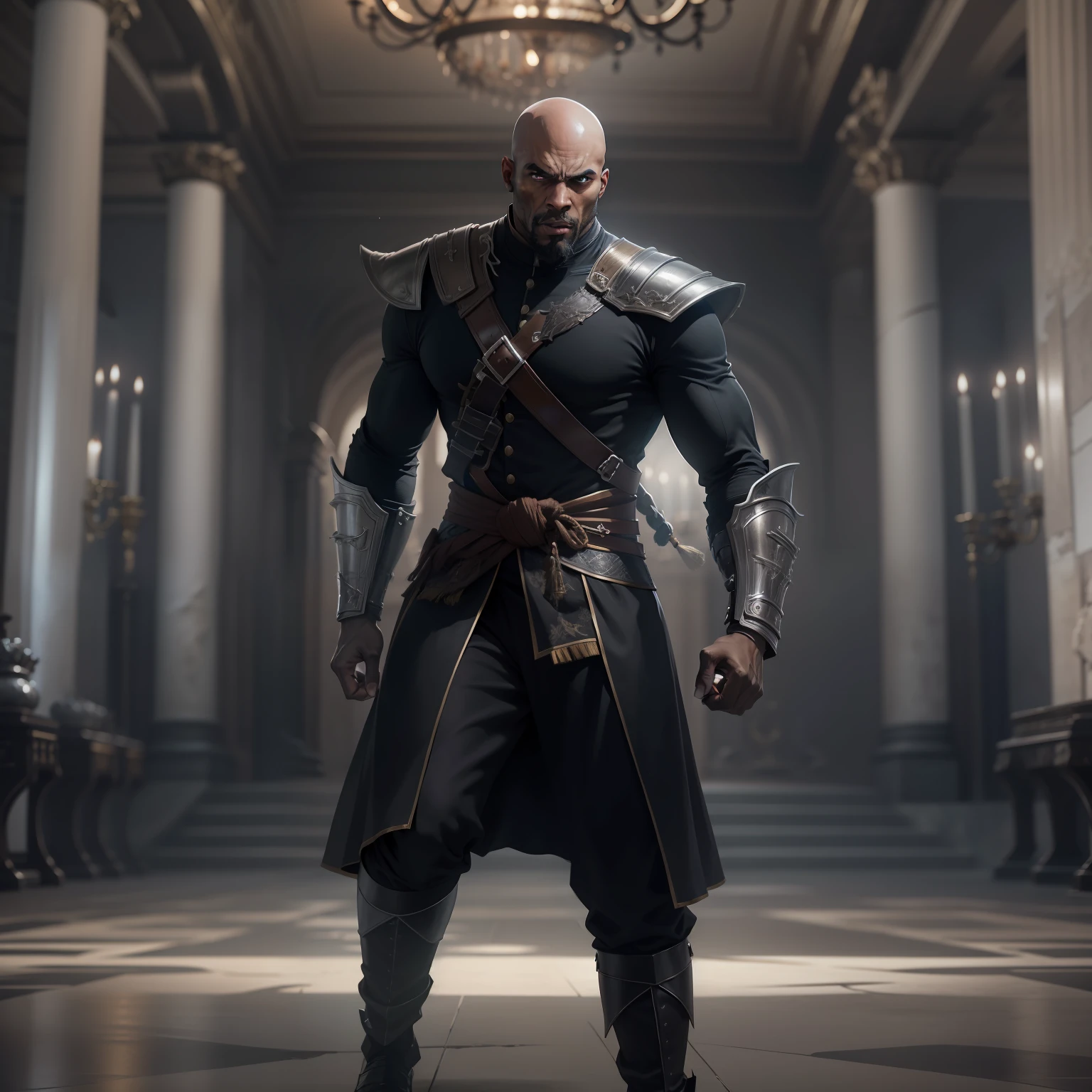 realistic image of a bald black man, 40s, tall and strong, ultra detailed black eyes, angry expression, dressed in black RPG warrior costume and with silver shoulder pads, standing in a palace hall, running in an attack in an action scene
