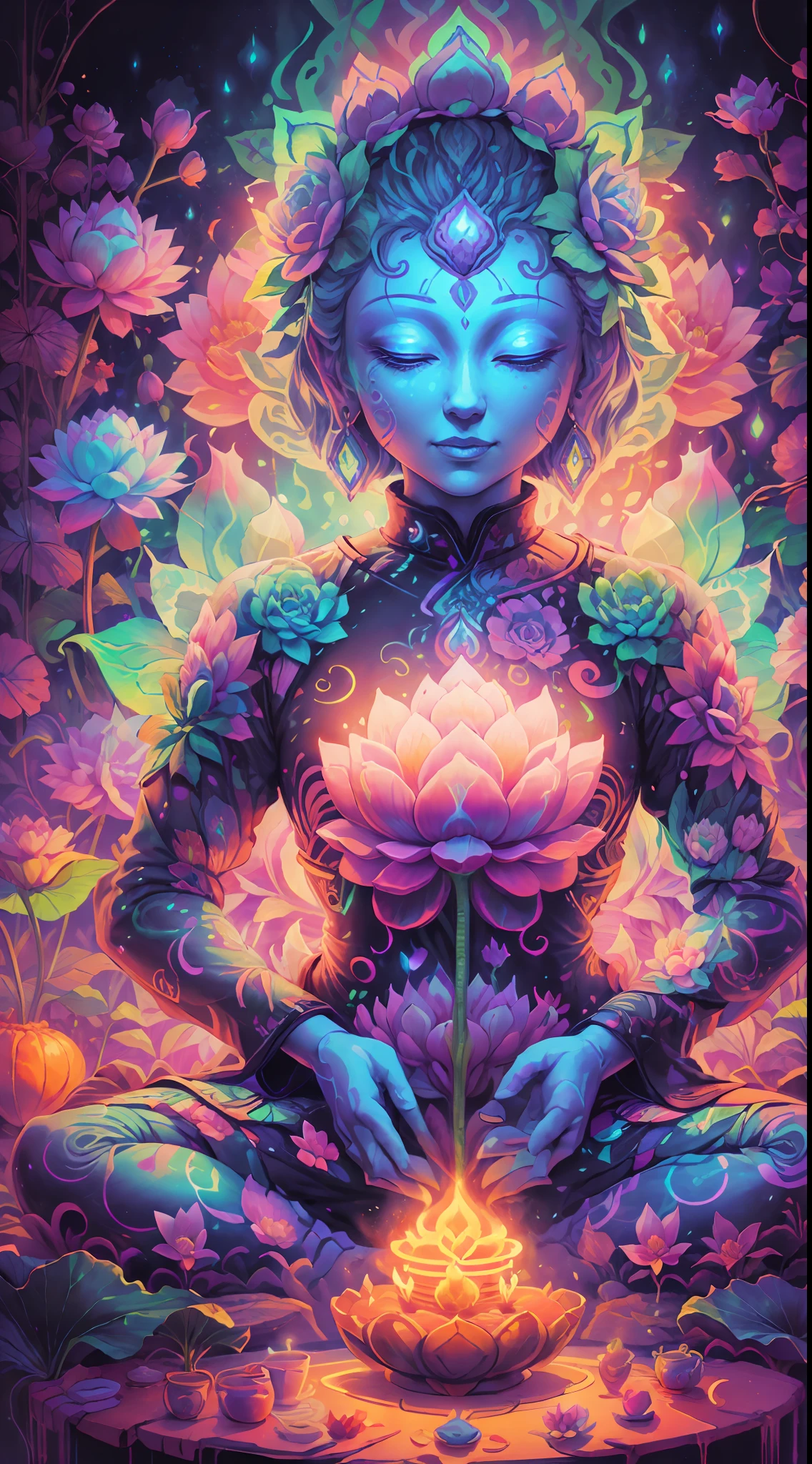 There is a lotus flower glowing in the dark, a glowing flower, a glowing flower, a Buddha sitting on a lotus flower, a magical colorful flower, a surreal flower of a waiko, a glowing neon flower, a glowing delicate flower --auto --s2