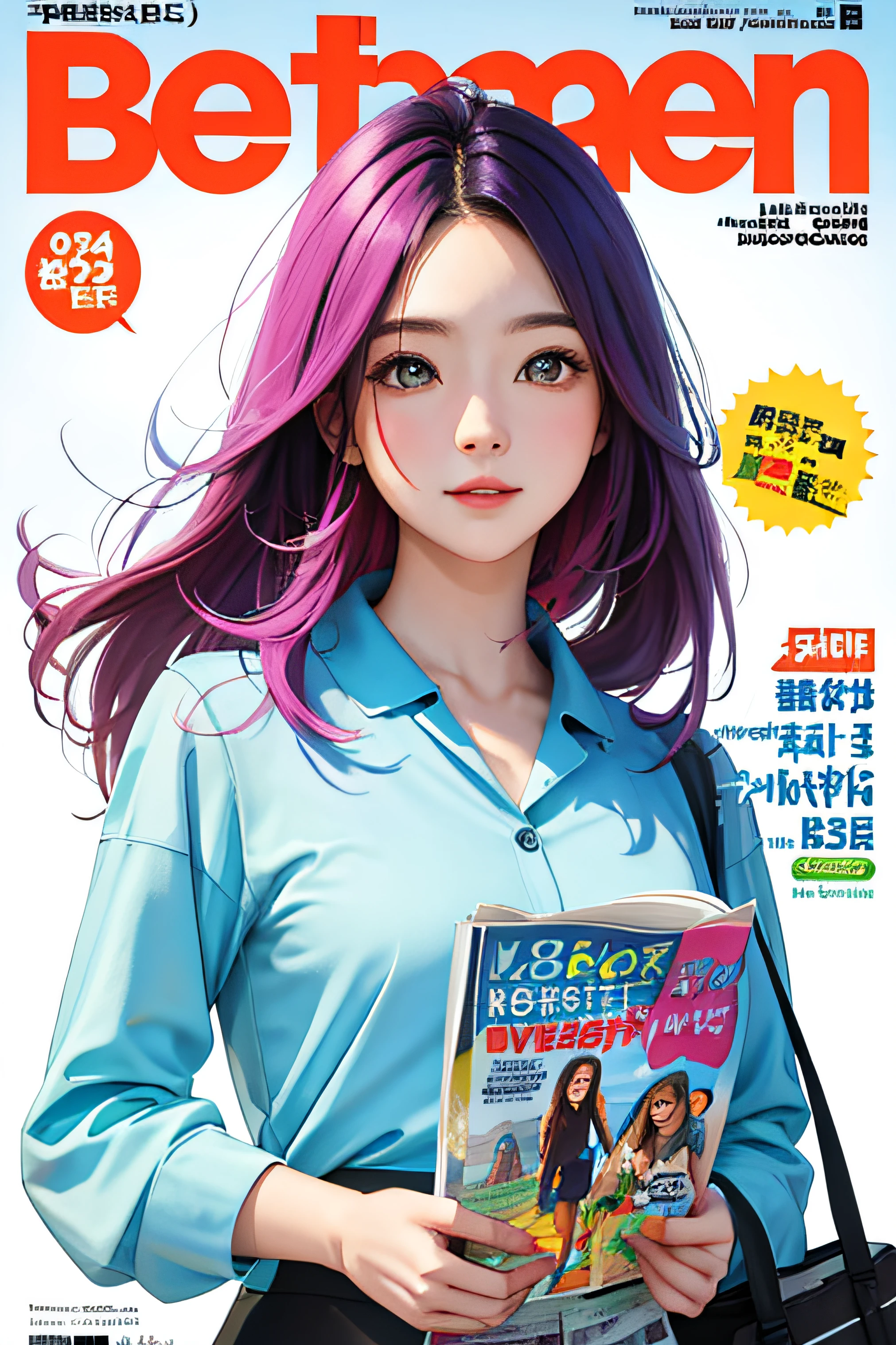 masterpiece, best quality, spring outfit, colorful hair, outdoor, magazine cover ,upper body,