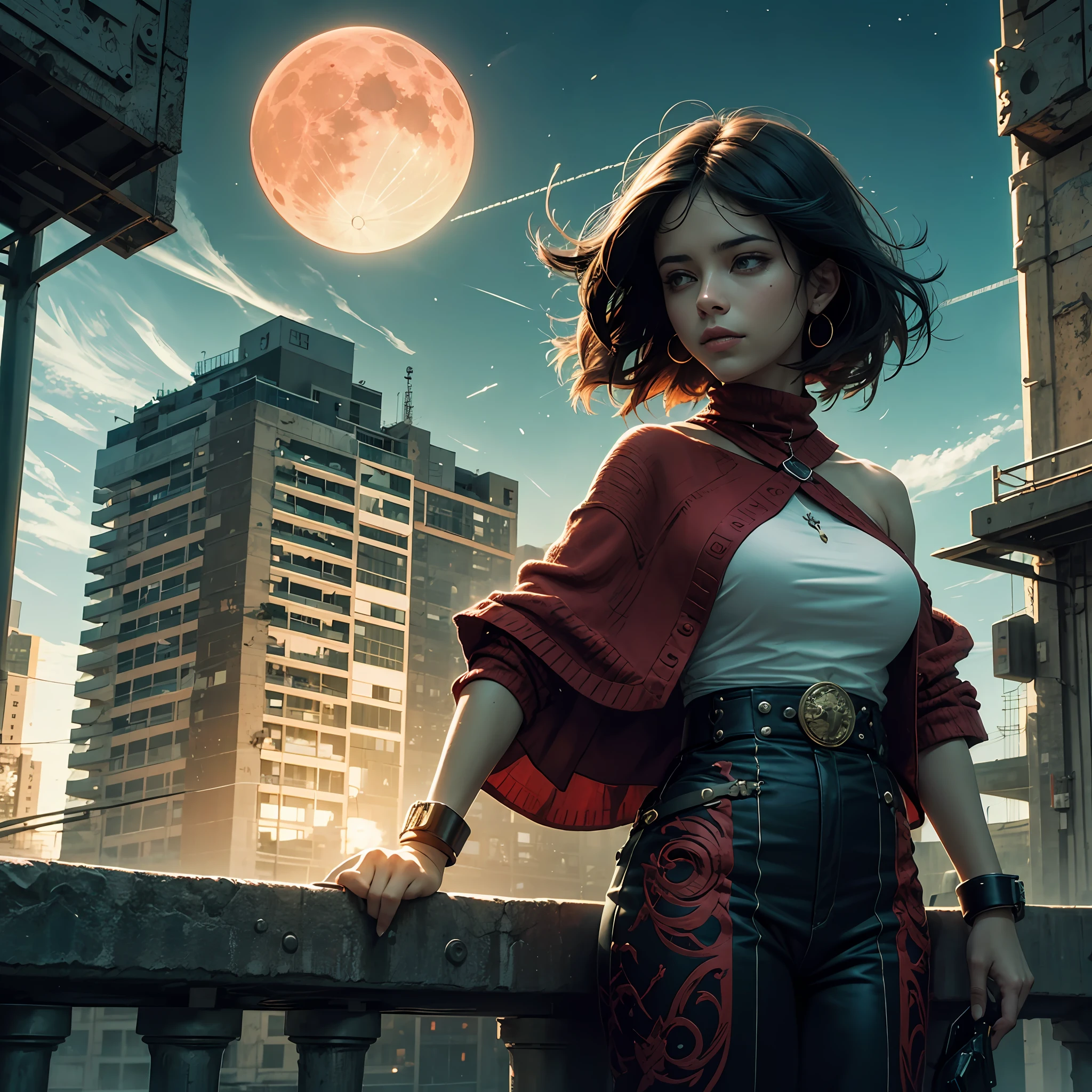 There is an extremely large red moon dripping, Dark buildings with shade are seen in the background, There's a nerdy girl reading a book on top of a bridge that's in the foreground, a garota tem cabelos curtos, The girl is bare-shouldered, a garota tem olhos verdes enormes, melhor sombra,melhor reflexo, melhor imagem, obra prima --auto