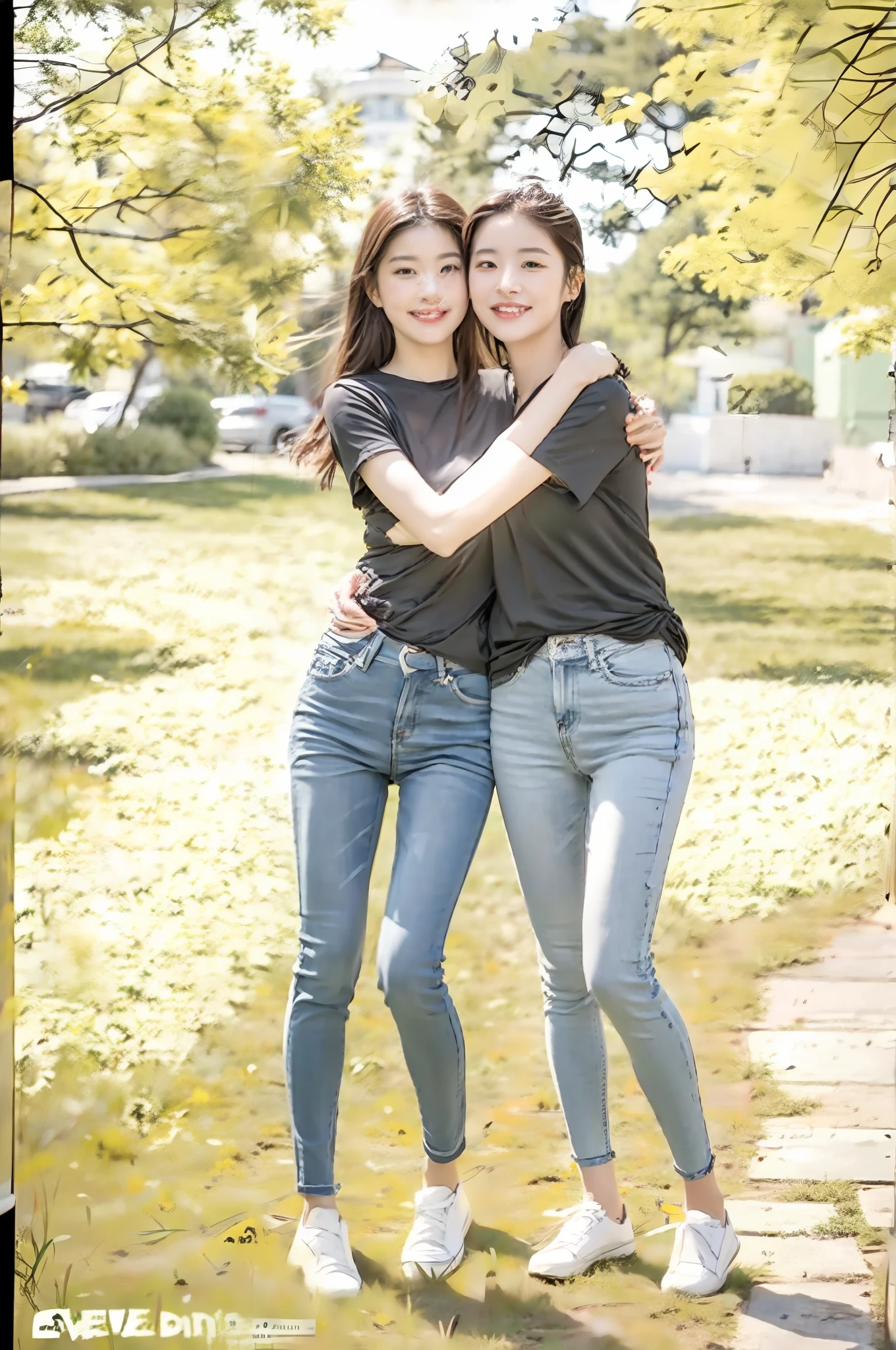 （RAW photogr，超高分辨率，tmasterpiece，best qualtiy：1.4），Complicated details，2 20 year old Korean girls，Wear a loose black T-shirt and skinny jeans，Stand on the grass and take pictures，hugs，Detailed meadow，A sweet smile on a small face，The face and skin are pink and fair，Ultra-realistic facial details，Playful and coquettish pose，The calves are straight and slender:1.5，Wear high-end branded colorful travel shoes:1.5，eventide，warm color，Broad lighting，naturalshadow，taking a full body photo:1.8