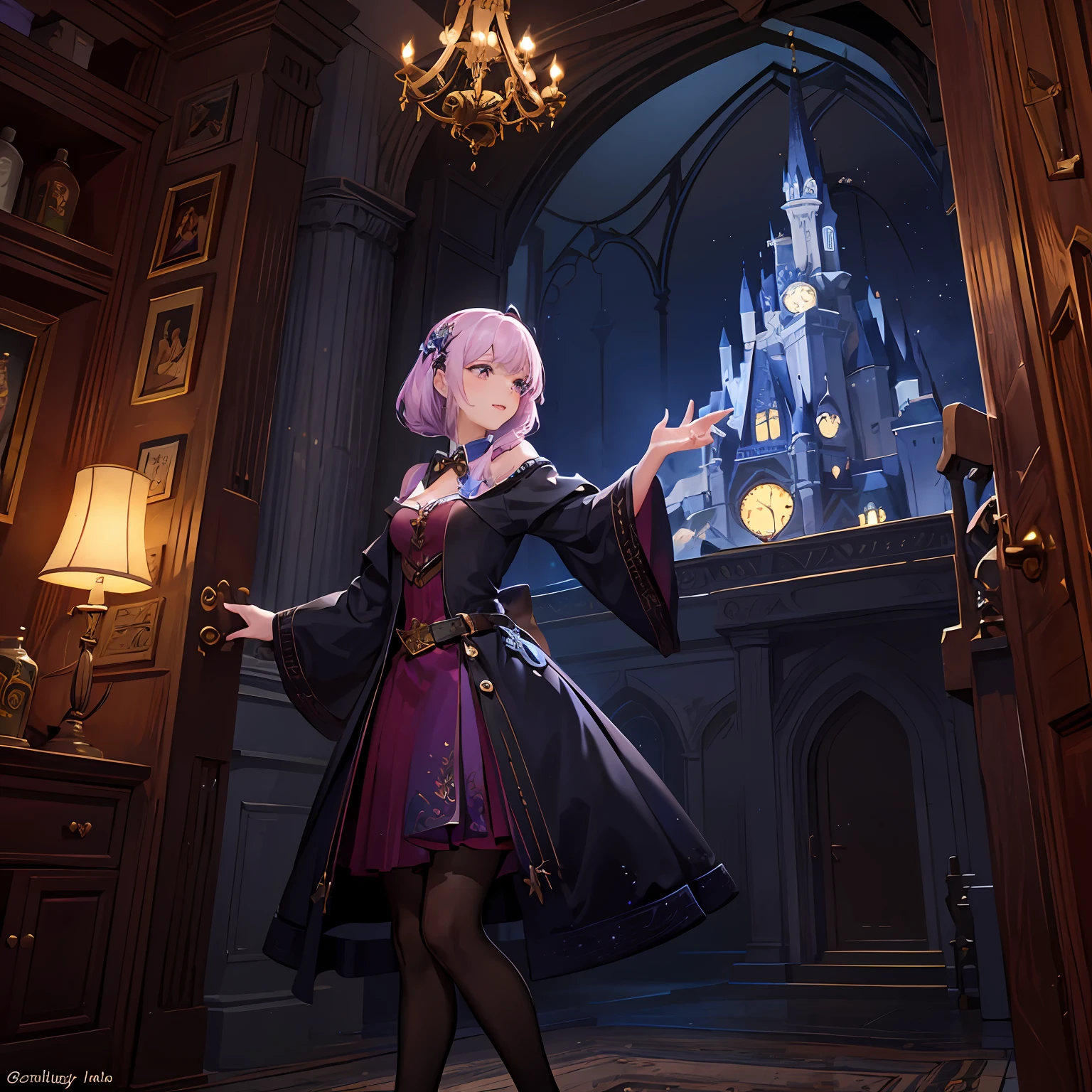 Description of the magic world, the magic world is very beautiful and magical, the whole magic world is magnificent, the magic castle is very grand and magnificent, a magic beautiful girl under the stars, (movie scenes, masterpieces, realistic, ultra-high resolution) the castle is full of magic feeling, the magic world is full of magic items and magic crafts, magic potions and magic ornaments, Gorgeous buildings and shops full of magic, magical supplies and curiosities, the city will be lit up w --auto