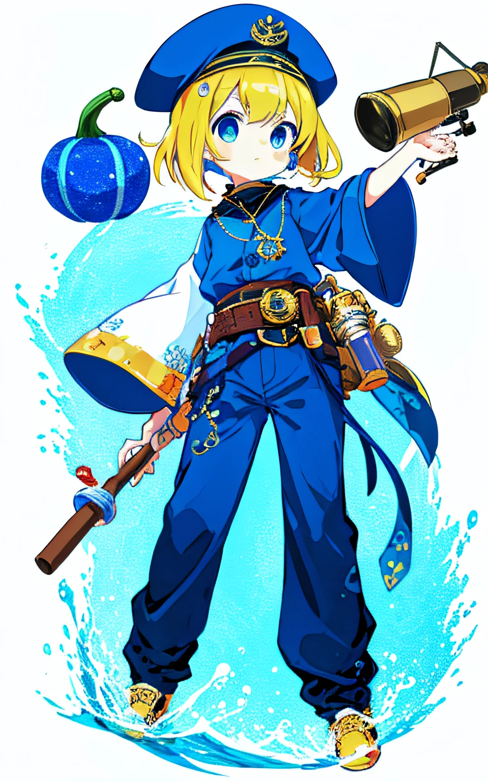 Top image quality、top-quality、超A high resolution、​masterpiece、a beauty girl、Lori、A slender、
1girl in, Blonde hair, blue colored inner hair、Okappa、Bangs、bobhair、pinned down、
Moe Sleeve、Blue pumpkin pants、Children's Pants、Blue underwater pattern tights、Yellow shoes、Metal belt、Pendants、Navy Medal、cigar、
Metal cap floating overhead、Telescope hair ornament、Torpedo accessories on the waist、On the waist７Accessories in the form of、