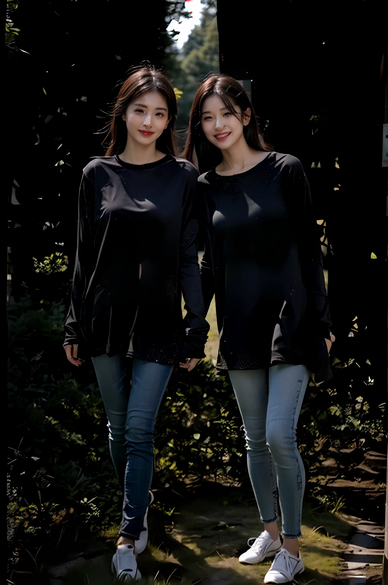 （RAW photogr，超高分辨率，tmasterpiece，best qualtiy：1.4），Complicated details，2 20 year old Korean girls，Wear a loose black T-shirt and skinny jeans，Stand on the grass and take pictures，hugs，Detailed meadow，A sweet smile on a small face，The face and skin are pink and fair，Ultra-realistic facial details，Playful and coquettish pose，The calves are straight and slender:1.5，Wear high-end branded colorful travel shoes:1.5，eventide，warm color，Broad lighting，naturalshadow，taking a full body photo:1.8