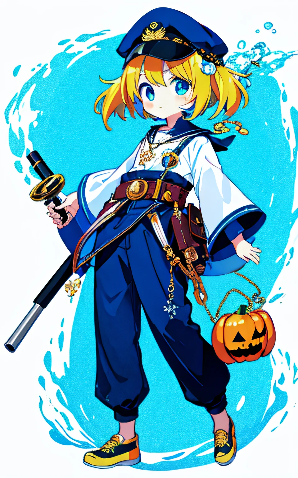 Top image quality、top-quality、超A high resolution、​masterpiece、a beauty girl、Lori、A slender、
1girl in, Blonde hair, blue colored inner hair、Okappa、Bangs、bobhair、pinned down、
Moe Sleeve、Blue pumpkin pants、Children's Pants、Blue underwater pattern tights、Yellow shoes、Metal belt、Pendants、Navy Medal、cigar、
Metal cap floating overhead、Telescope hair ornament、Torpedo accessories on the waist、On the waist７Accessories in the form of、