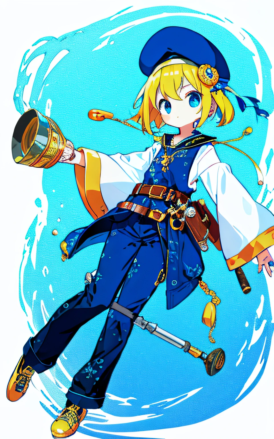 Top image quality、top-quality、超A high resolution、masterpiece、a beauty girl、Lori、A slender、
1girl in, Blonde hair, blue colored inner hair、Okappa、Bangs、bobhair、pinned down、
Moe Sleeve、Blue pumpkin pants、Children's Pants、Blue underwater pattern tights、Yellow shoes、Metal belt、Pendants、Navy Medal、cigar、
Metal cap floating overhead、Telescope hair ornament、Torpedo accessories on the waist、On the waist7Accessories in the form of、