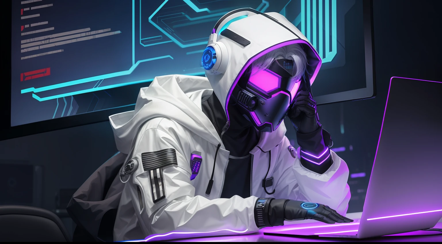 (awesome scene) hooded boy wearing cybernetic led mask with medium hair with white hair sash in his hair on a table as if he were on a camera podcast positioned below the shoulder line and the boy with the gloved hand on the chin and background of a cyber punk cyber city