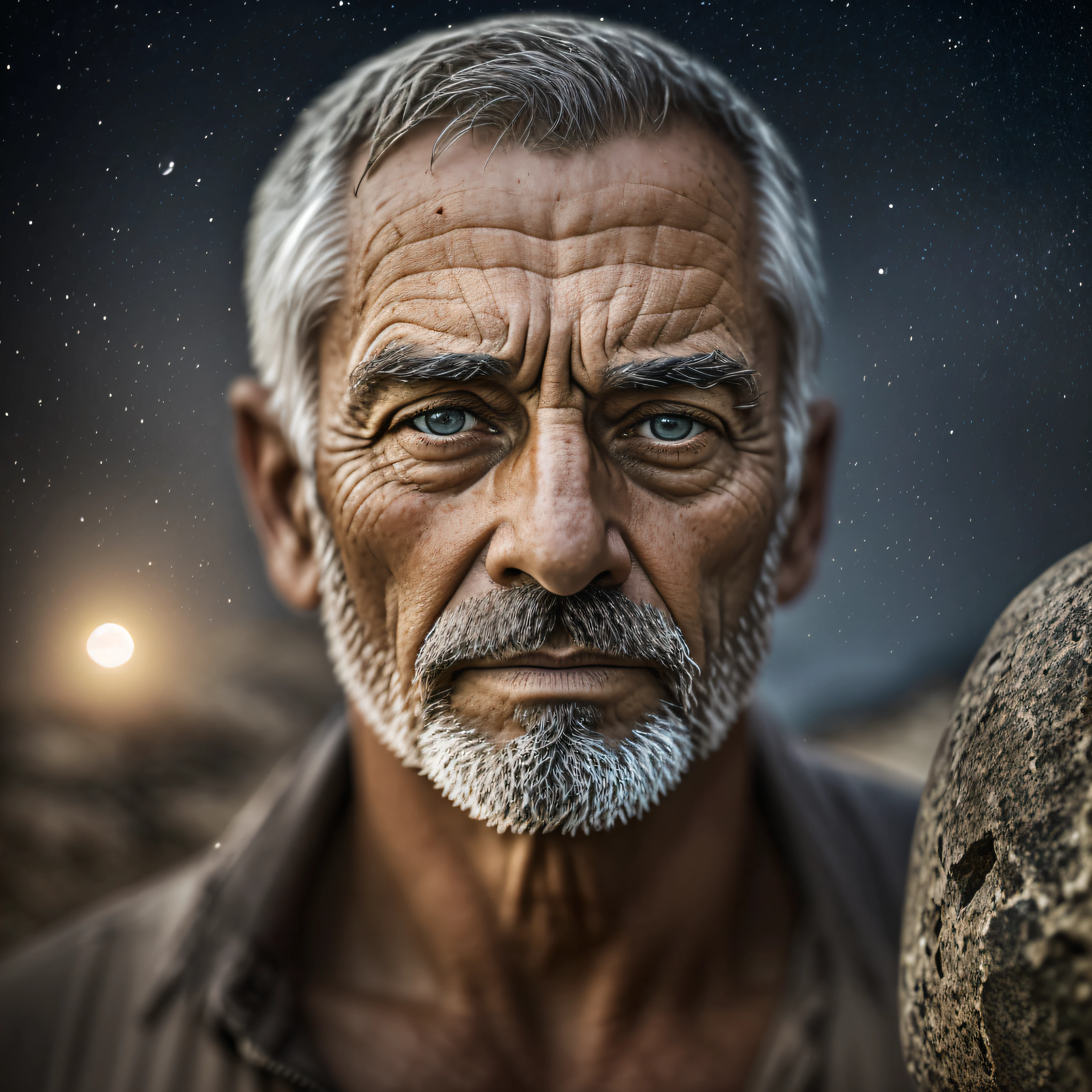 award winning upper body portrait photo of a man holding an stone, eyes looking upwards, (bokeh:0.7), sidelit, (wrinkled face in detail:0.7), telephoto, moonlit, torchlit, gritty atmosphere, oceanic night exterior, realistic, intricate details, true aged skin texture --auto --s2