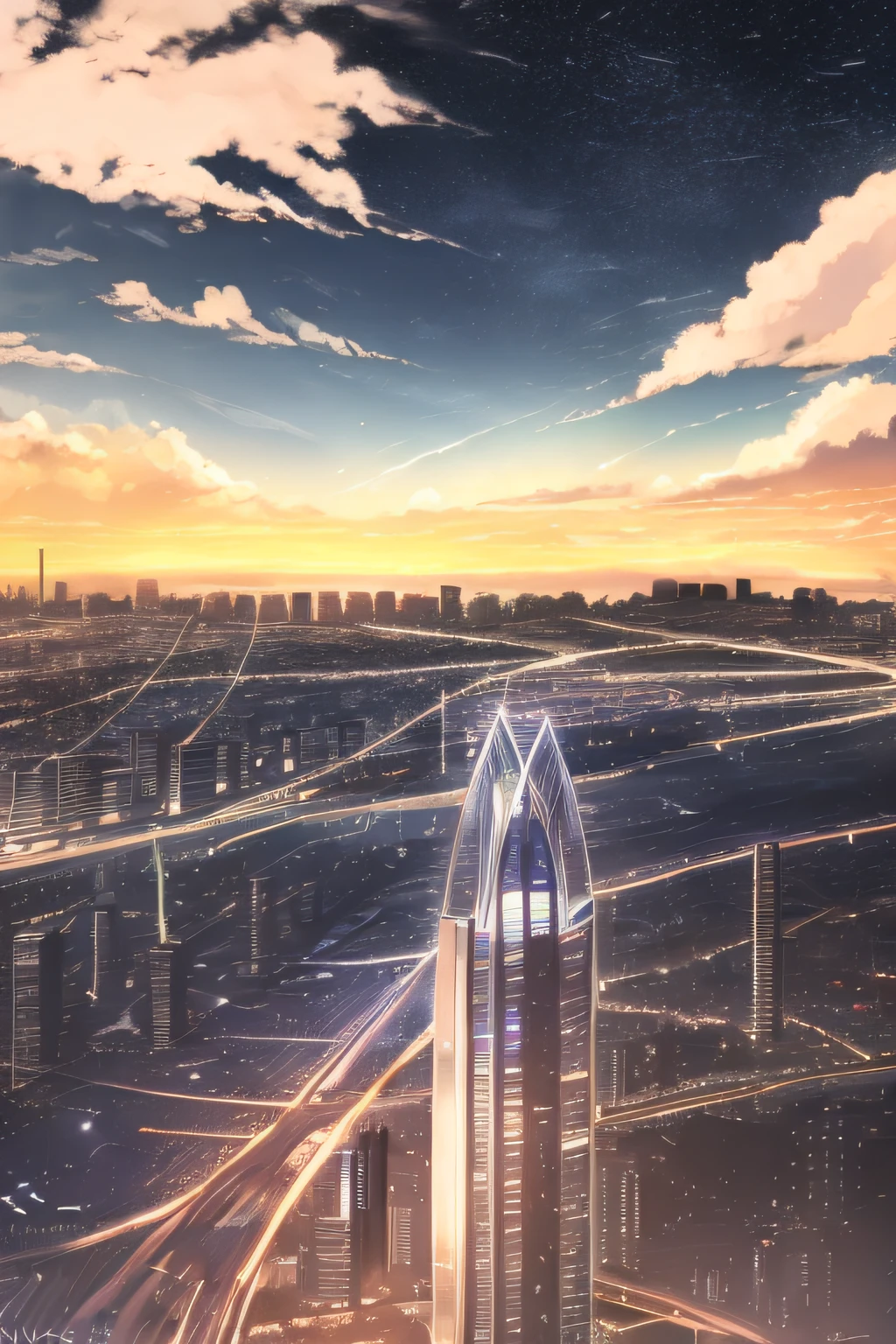 anime, estrela (heaven), nuvem, paisagem urbana, bilding, cidade, ao ar livre, sky scraper, luzes da cidade, noite, night sky, sun sunset, skyline,