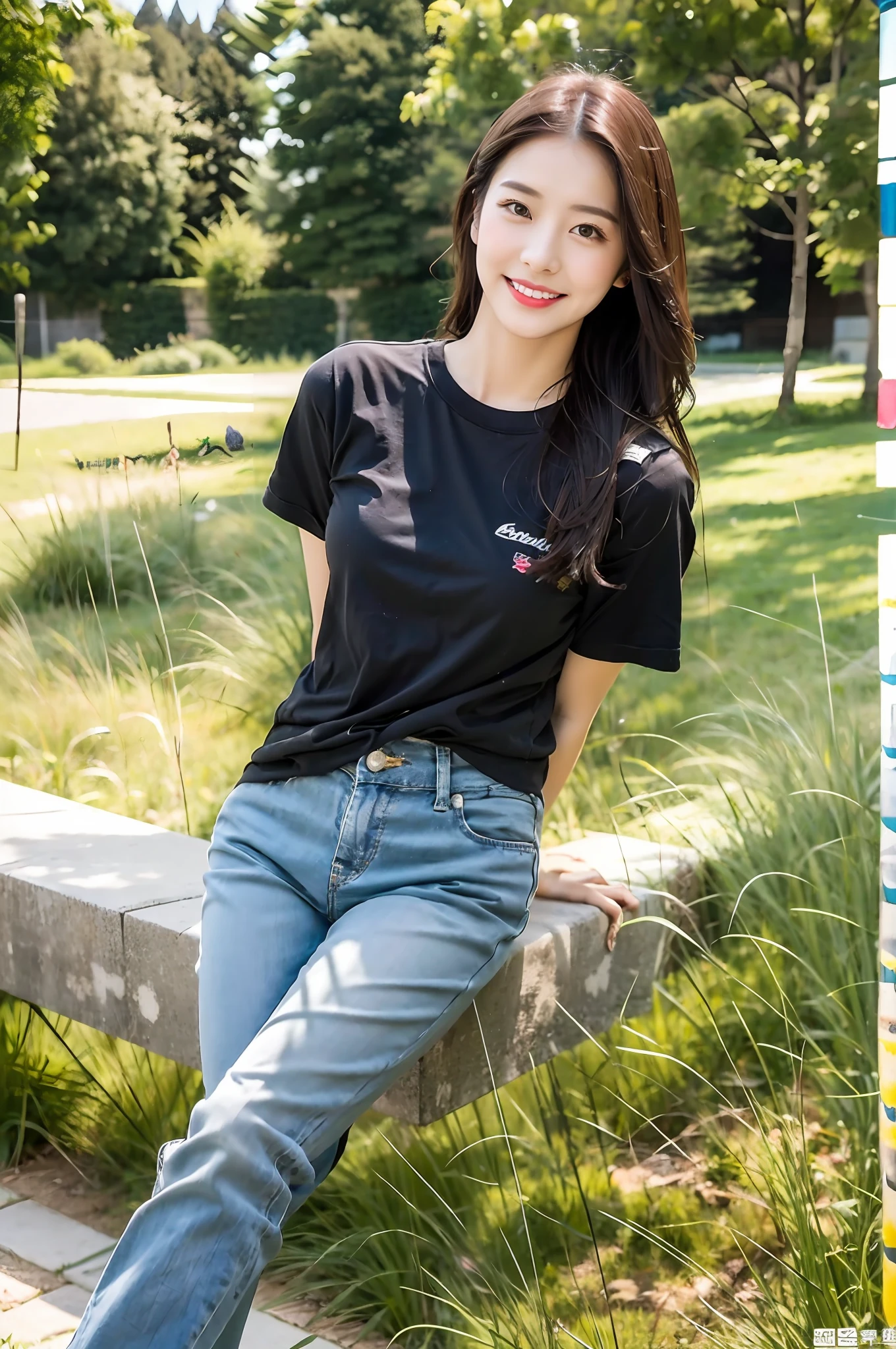 (RAW photogr,超高分辨率,tmasterpiece,best qualtiy:1.4),Complicated details,20 years old Korean girl,Wear a loose black T-shirt and skinny jeans,Stand on the grass and take pictures,Detailed meadow,A sweet smile on a small face,The face and skin are pink and fair,Ultra-realistic facial details,Playful and coquettish pose,The calves are straight and slender:1.5,Wear high-end branded colorful travel shoes:1.5,eventide,warm color,Broad lighting,naturalshadow,taking a full body photo:1.8