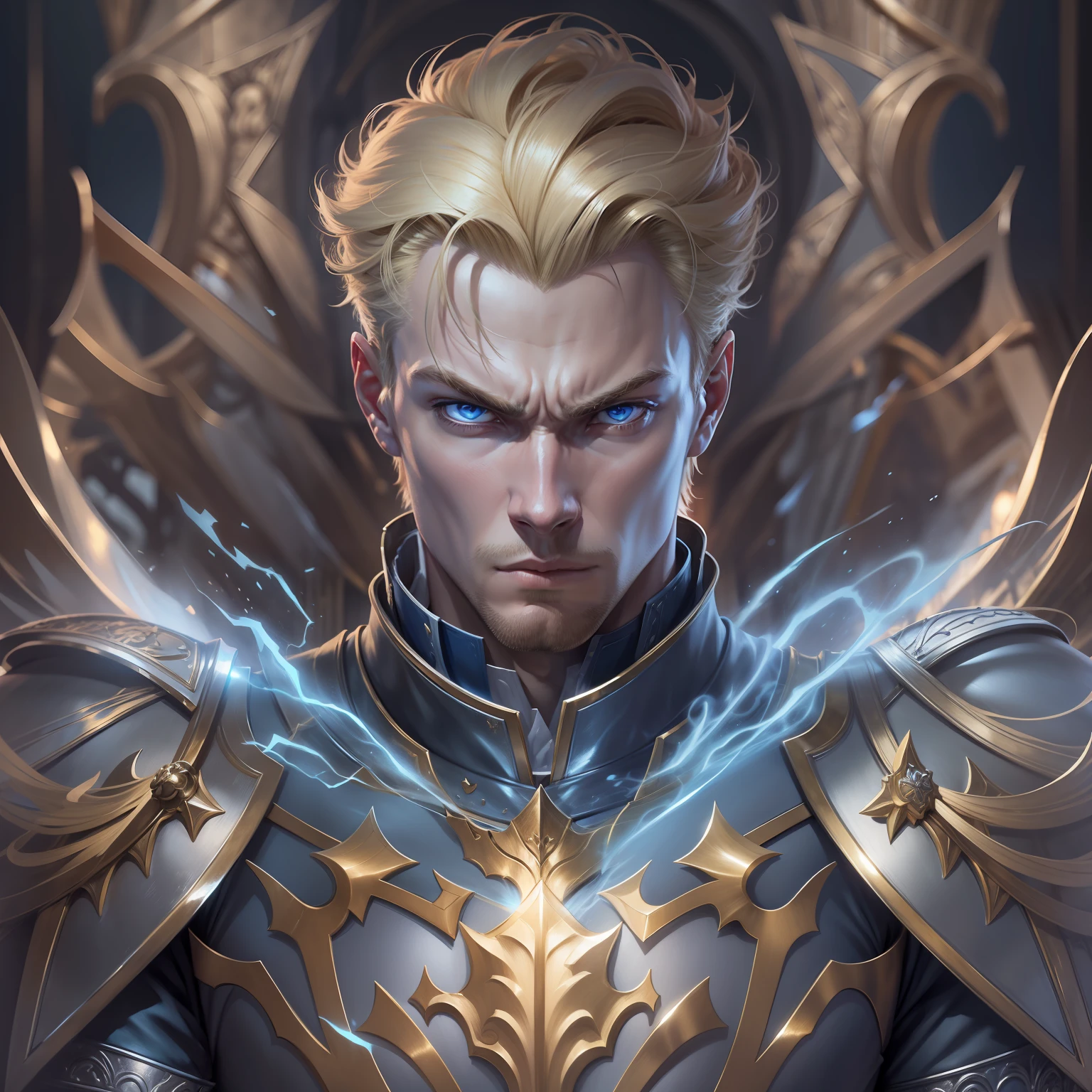 realistic image of a blond man with short hair, tall, strong, blue eyes and ultra-detailed, furious expression, dressed in a suit of silver armor and golden shoulder pads, standing in a wide hall of a palace, conjuring a blue aura around of your body