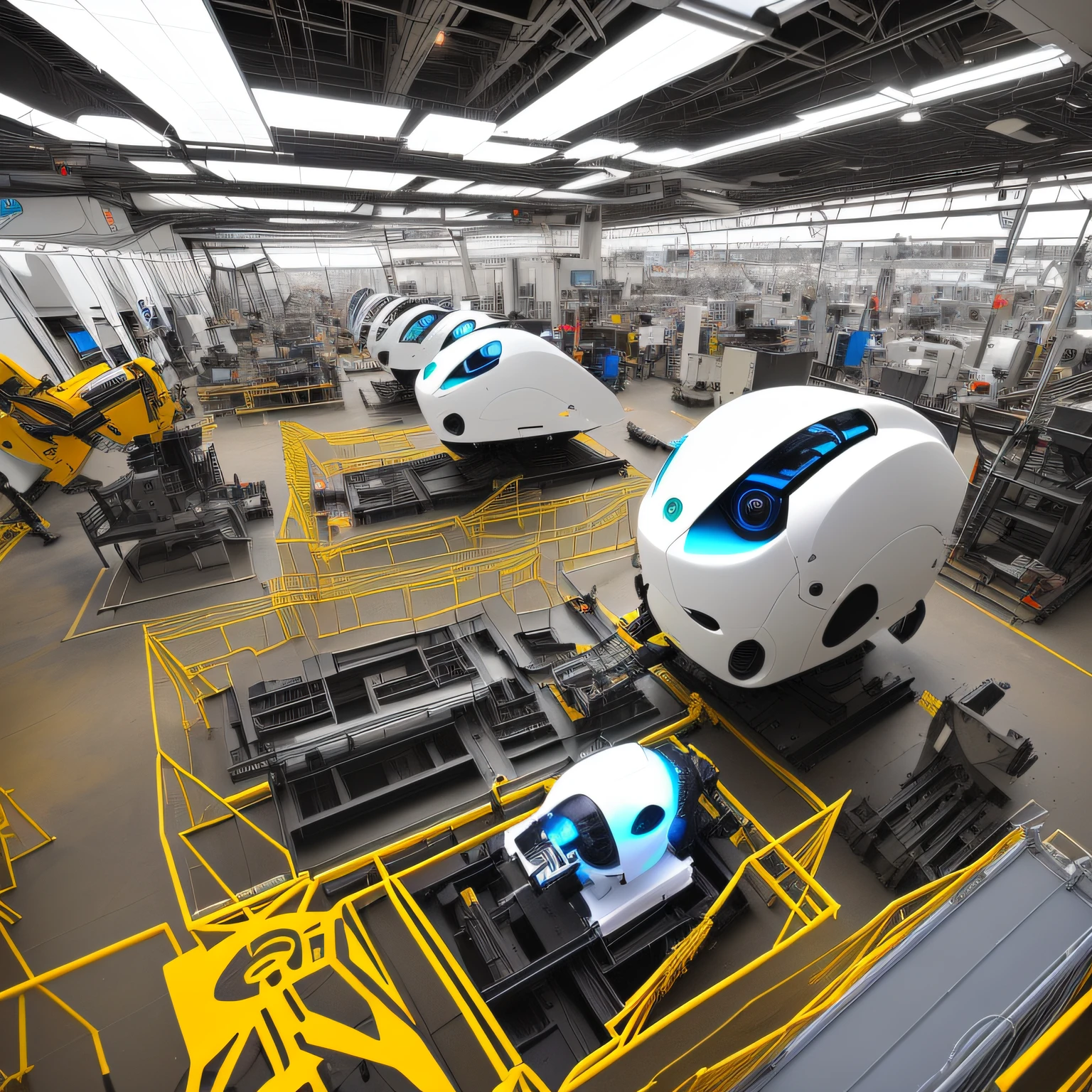 Draw the construction and manufacturing of a futuristic city with robots。Please express the future society where robots and humans will work together。