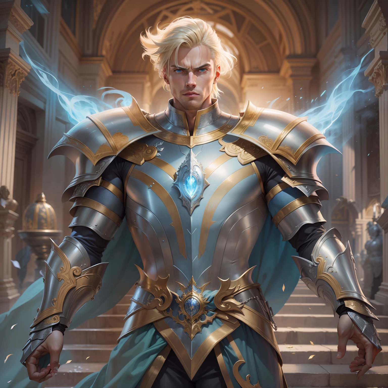 realistic image of a blond man with short hair, tall, strong, blue eyes and ultra-detailed, furious expression, dressed in a suit of silver armor and golden shoulder pads, standing in a wide hall of a palace, conjuring a blue aura around of your body