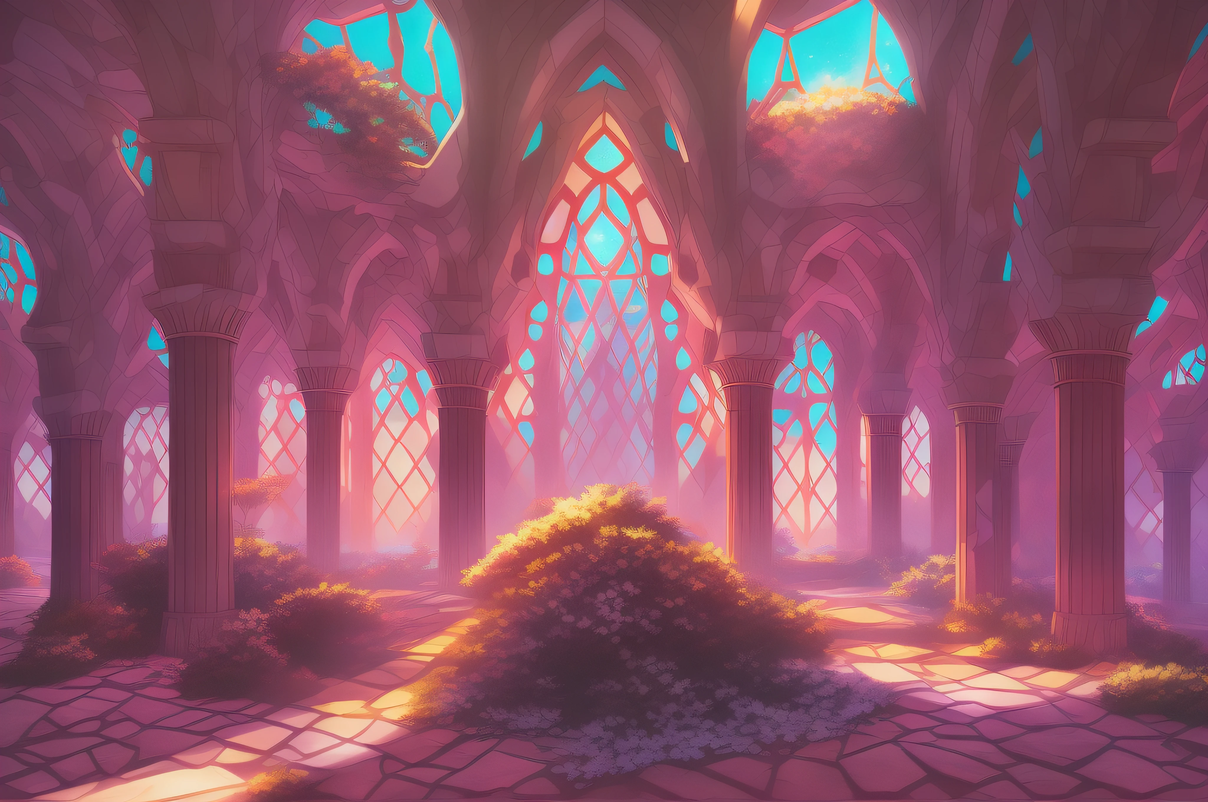 the inside of a desert oasis palace city ::3 light streaming through colorful broken stained-glass windows, fallen canopic jar overgrown plants, rotted shaped like a hammer, tree growing through cracks, solarpunk, hyperdetailed, volumetric lighting, graceful Tudorbethan architecture, arches and curves, levels, symmetry and peace, magical fantasy, surreal, chiaroscuro, banded sunlight, codex art style, Kimi No Na Wa anime style, 3-point-perspective