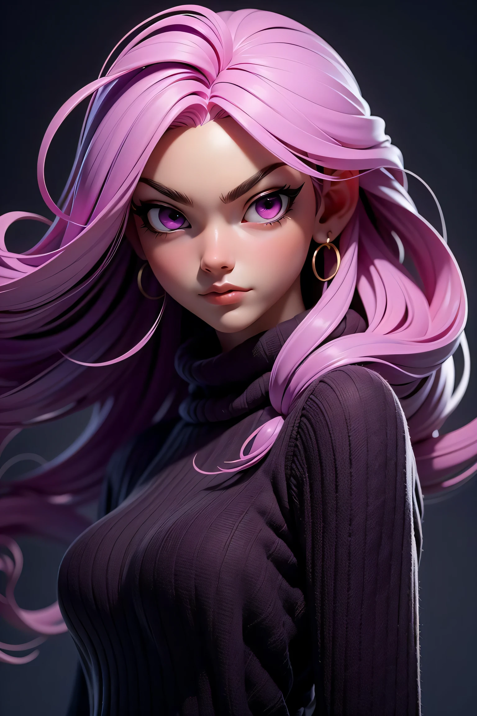 3dmm style,(masterpiece, top quality, best quality, official art, beautiful and aesthetic:1.2), (fractal art:1.3), 1girl, beautiful, high detailed, purple hair with a hint of pink, pink eyes, dark lighting, serious face, looking the sky, sky, medium shot, black sweater, jewelry