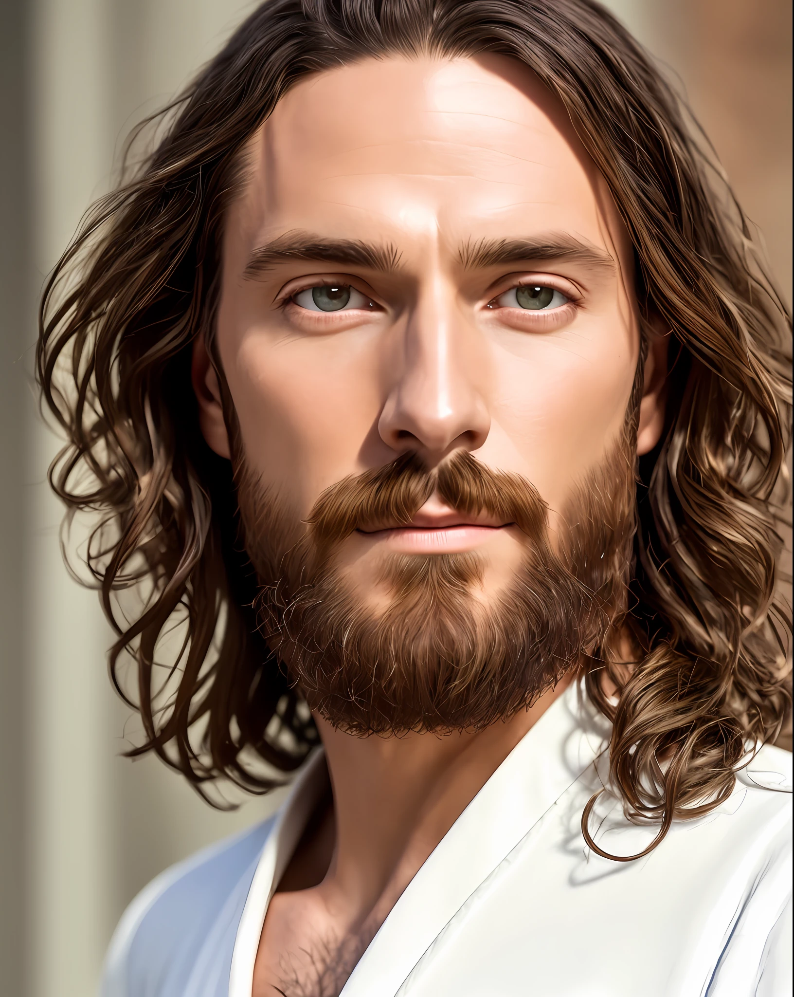 (symmetry),centered,a ((close)) up portrait,(Jesus),a very thin white man with long hair and a beard,wearing a long white robe,35mm,natural skin,clothes  detail, 8k texture, 8k, insane details, intricate details, hyperdetailedhighly detailed,realistic,soft cinematic light,HDR,sharp focus, ((((cinematic look)))),intricate, elegant, highly detailed