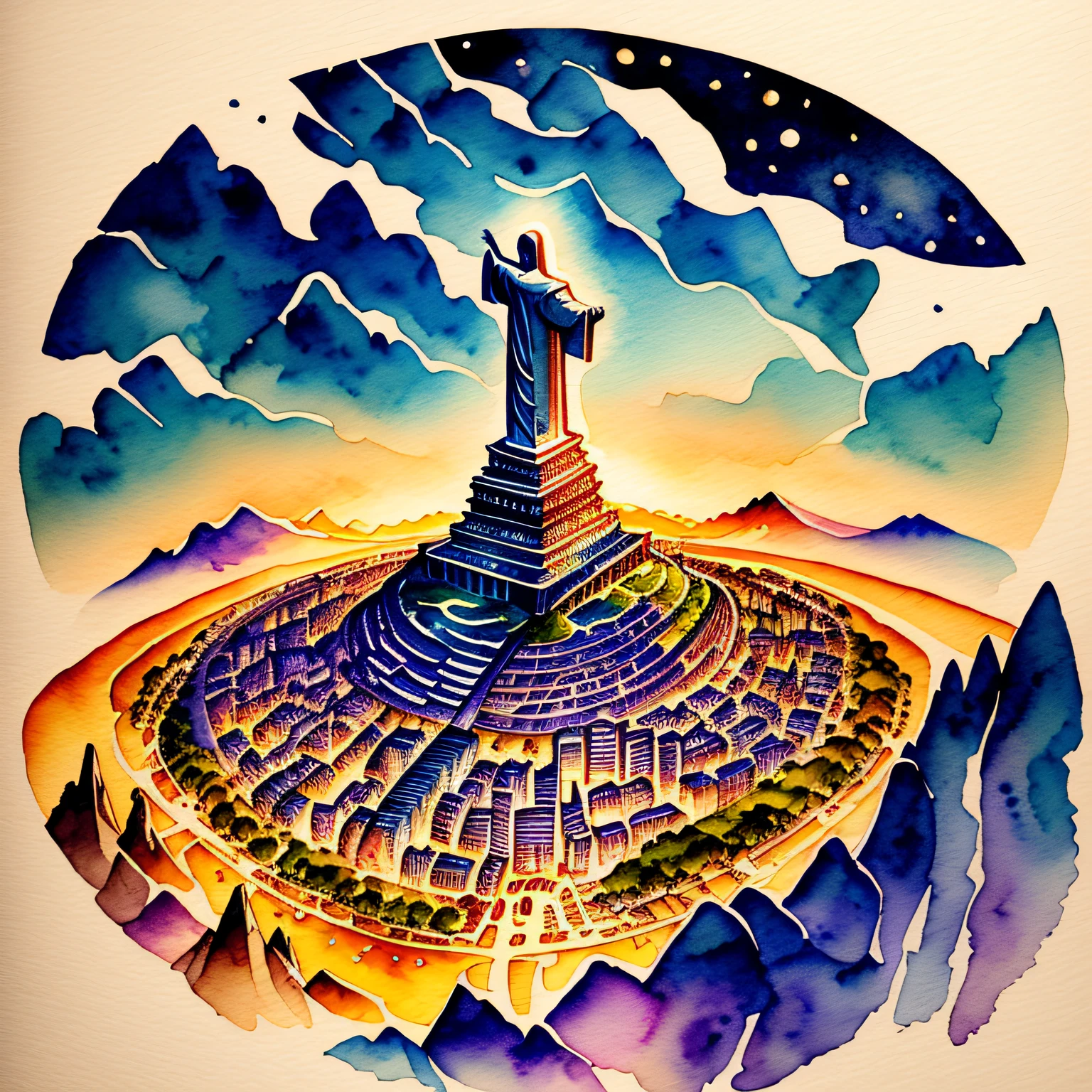 aerial of Cristo Redentor in Rio de Janeiro, at night, watercolor and landscape illustration, in the style of uhd image, illustration, wlad safronow, free brushwork --auto