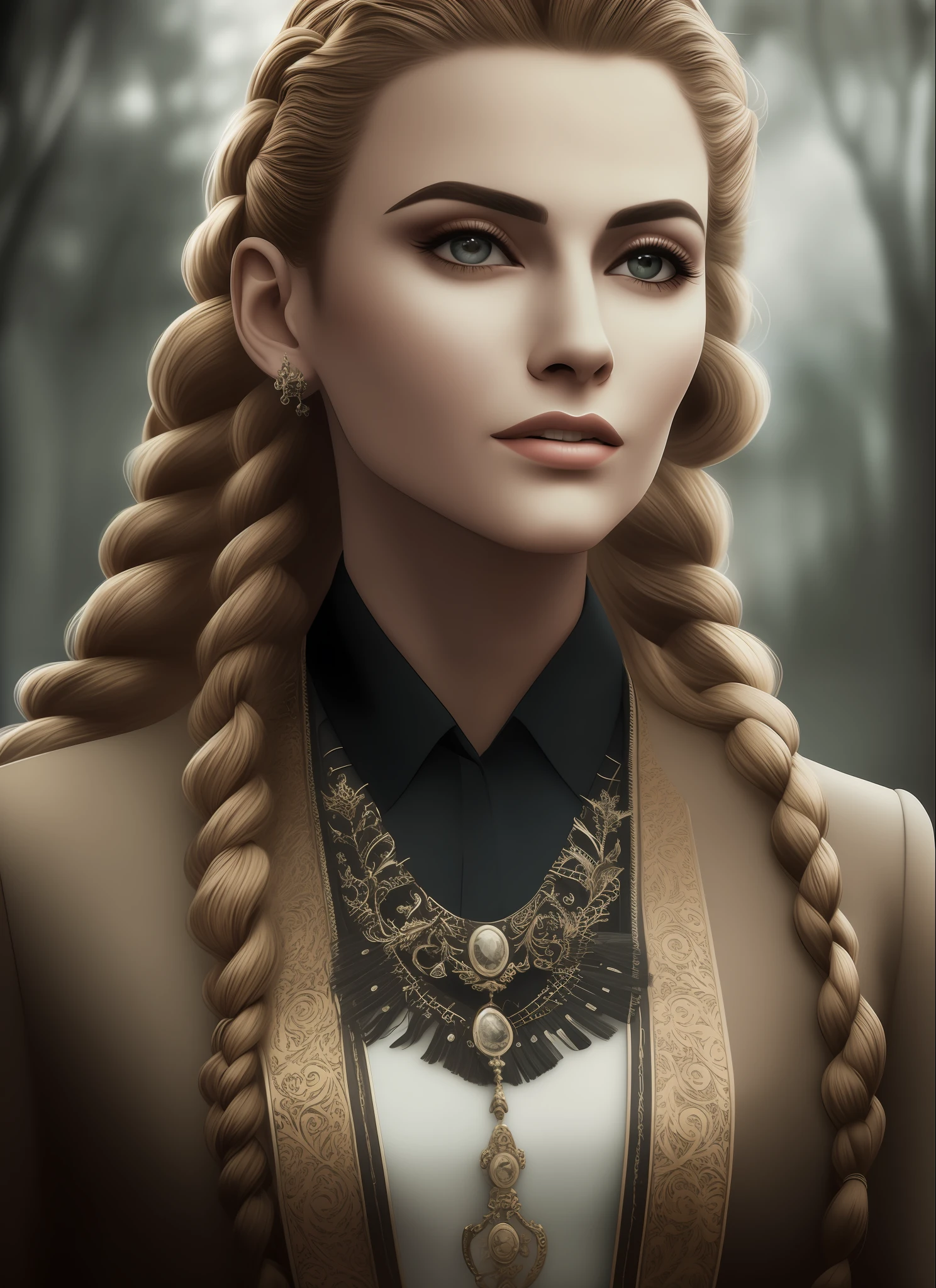 ((Deslumbrante obra-prima)), melhor qualidade, detalhes ultra-realistas, High Definition Image, Dynamic focus, large braided hair, trajes elegantes, pose sedutora e confiante, captivating facial expression, ambiente luxuoso e sofisticado, soft-lighting, contraste perfeito, atmosfera sensual.