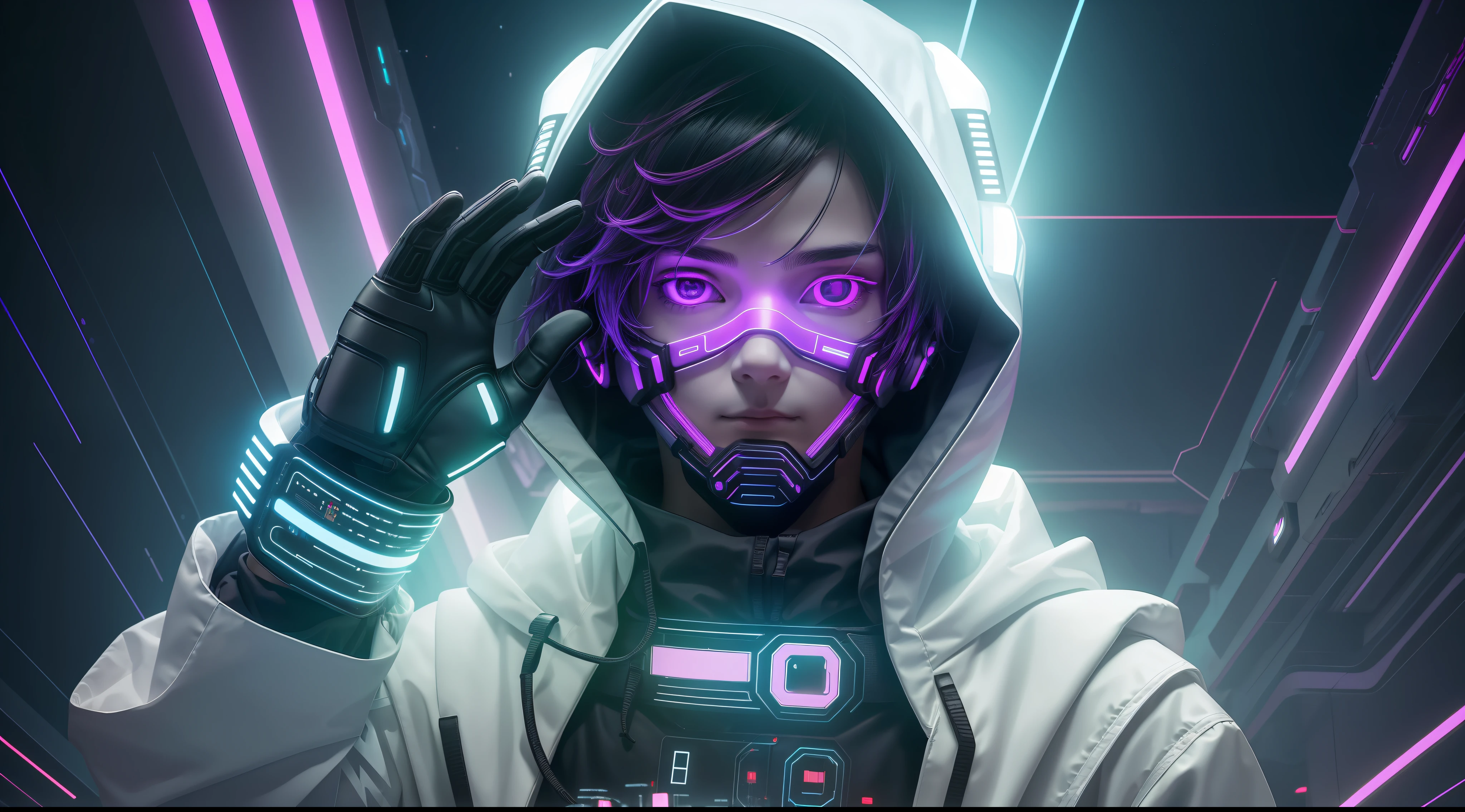 (amazing scene) hooded boy wearing cybernetic led mask with medium hair with white sash in hair looking up and waving goodbye to camera positioned below shoulder line and the boy with the gloved hand on the chin and background of a cyber punk cyber city