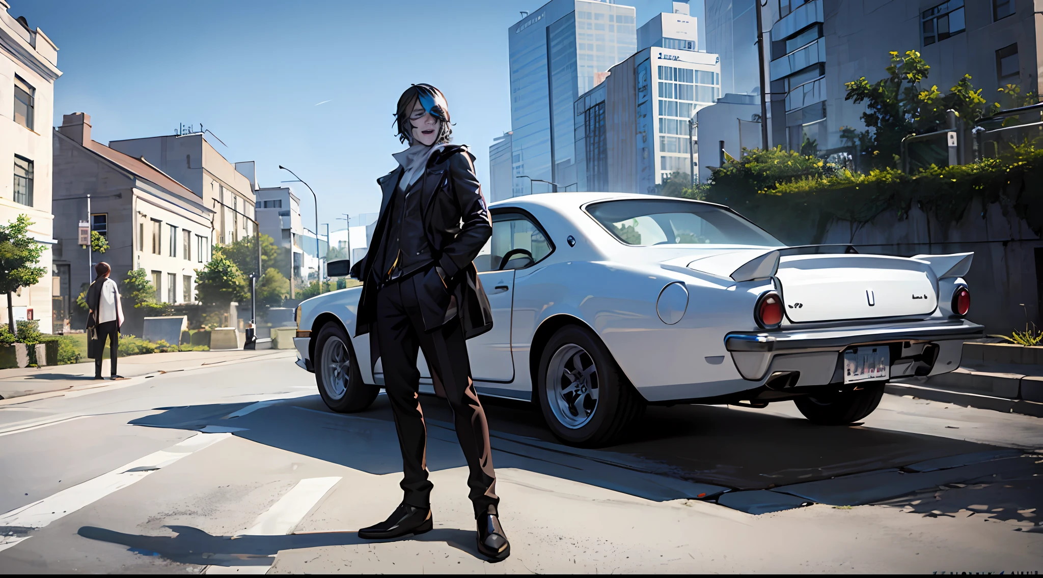 Joker from the movie Batman: The Dark Knight in front of the U.S. bank tower --auto