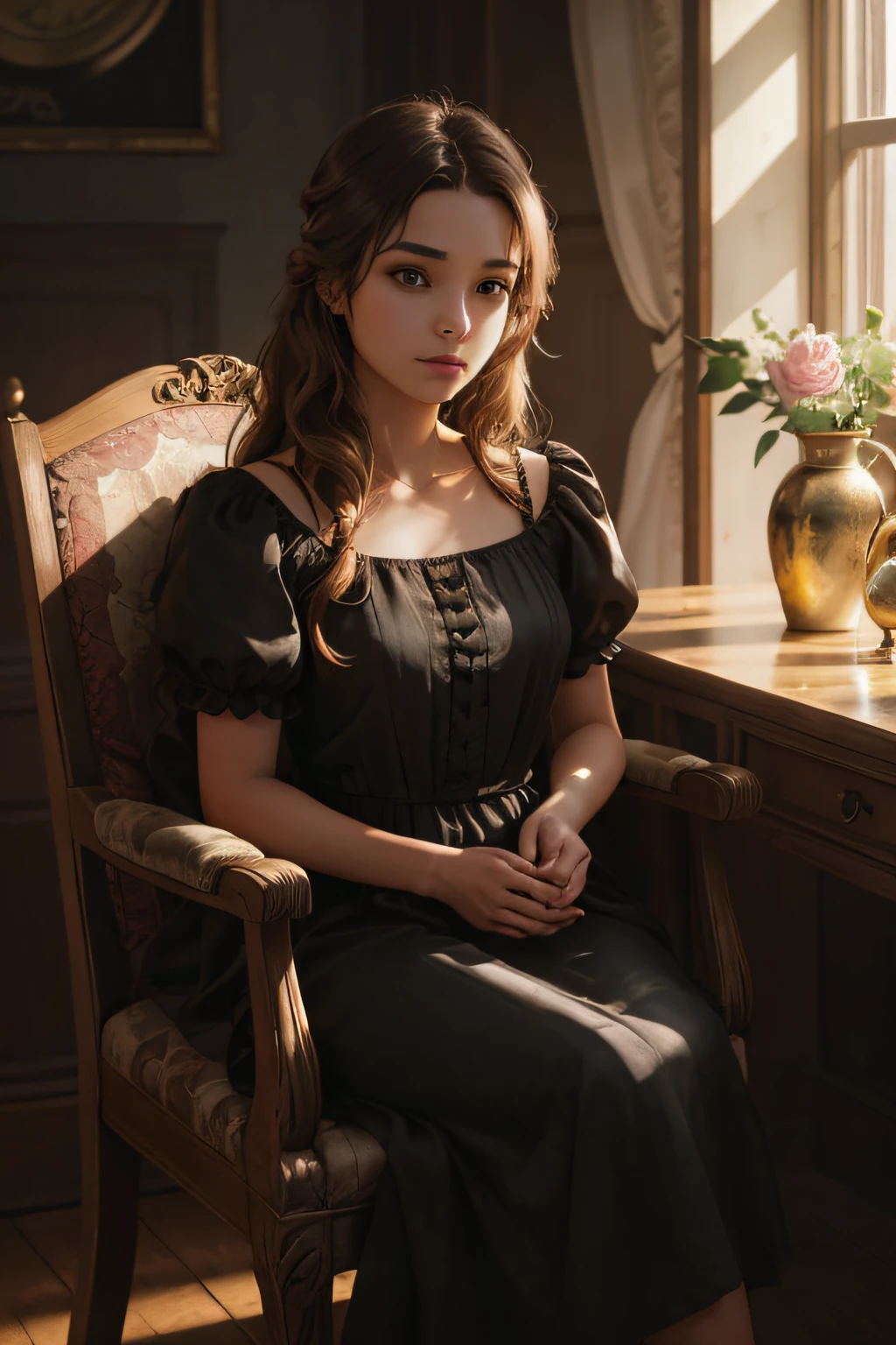 a girl is sitting on a chair, brown long hair, black dress, sunlight, gold background, depth of field --auto