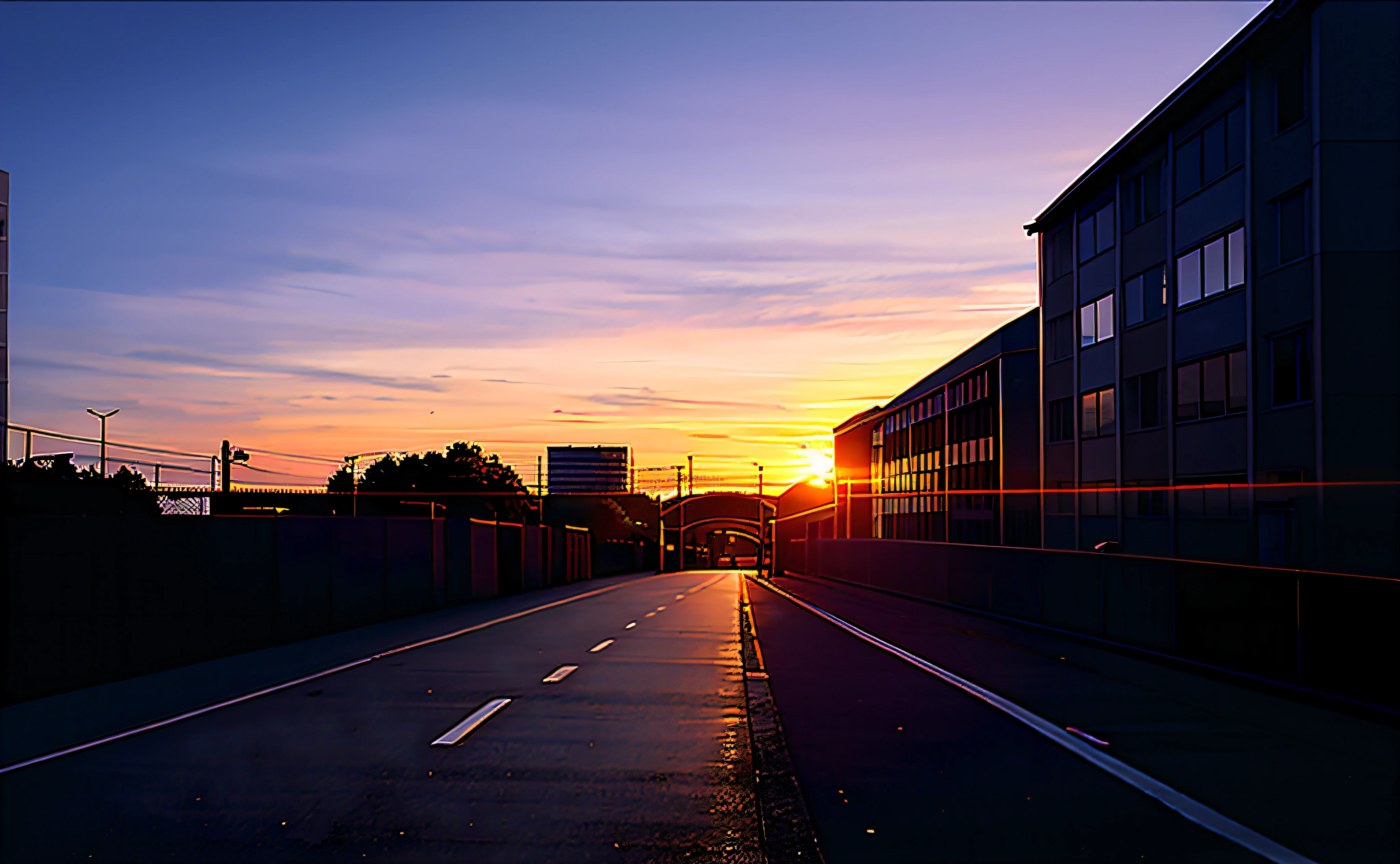 Sunset on a street with a bridge and a building in the background, shot with a sigma20mm f 11. It is sunset, sunset lighting, sunset time, sun setting, wide angle photo, sunset evening lighting
