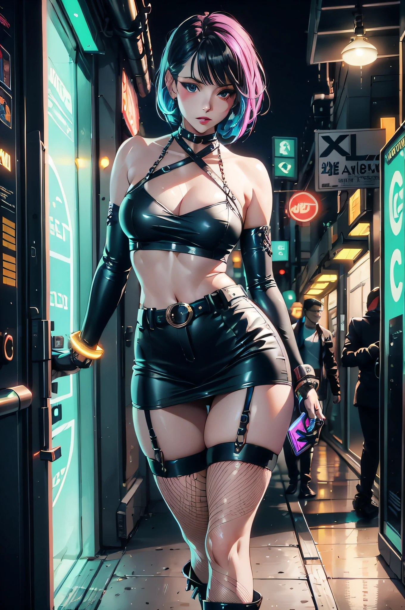 A closeup of a woman in a latex outfit walking down a street, em cyberpunk city, Garota cyberpunk, vibe cyberpunk, no estilo cyberpunk, Cyberpunk femme fatale, cyberpunk vibes, Cyberpunk 2 0 e. o modelo menina, roupa cyberpunk, menina de anime cyberpunk feminino, garota anime cyberpunk, oppai cyberpunk, menina cyberpunk sonhadora, cyberpunk zangada deusa linda